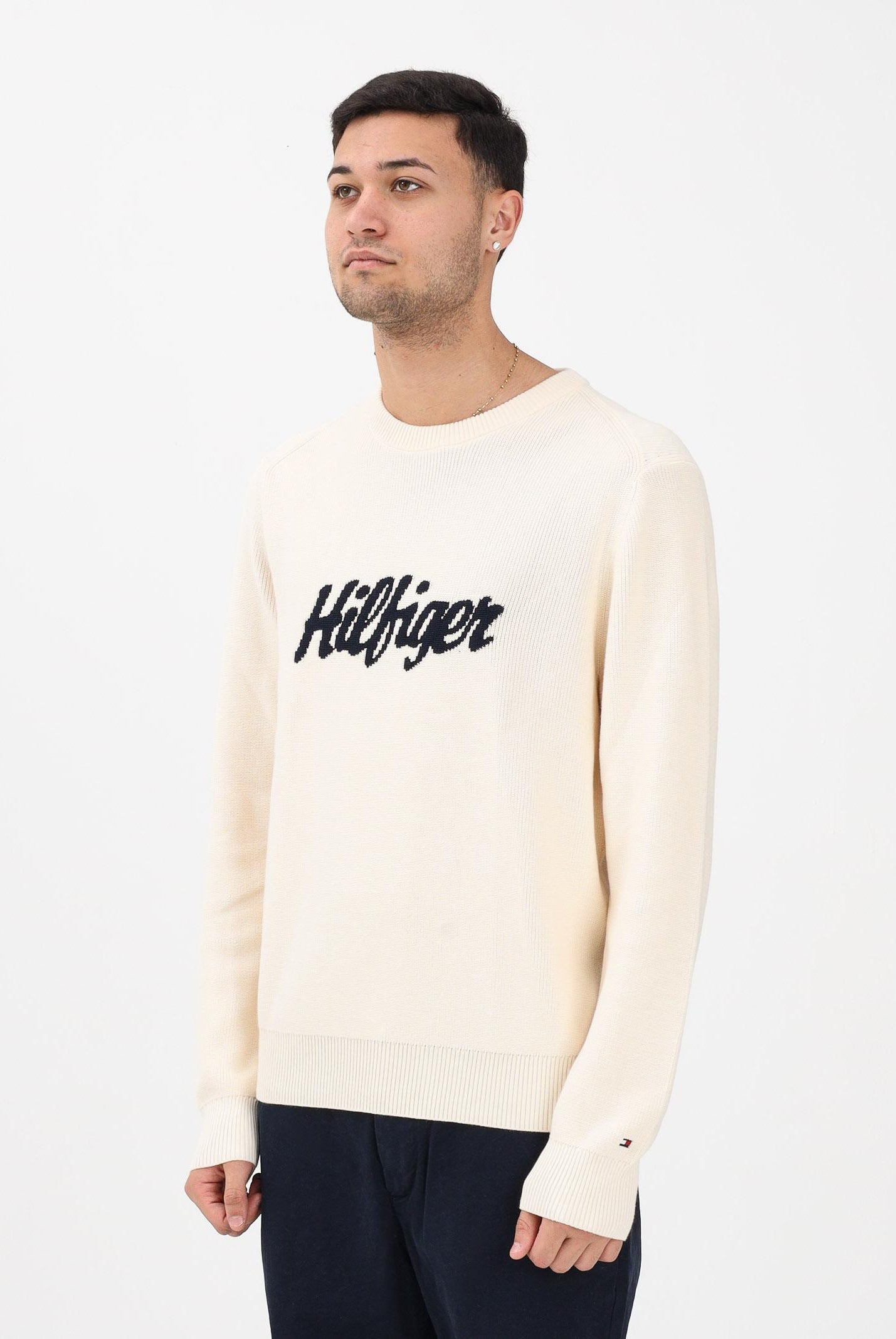 TOMMY HILFIGER Maglioncino girocollo panna da uomo con logo MW0MW41647 AEF TOMMY HILFIGER