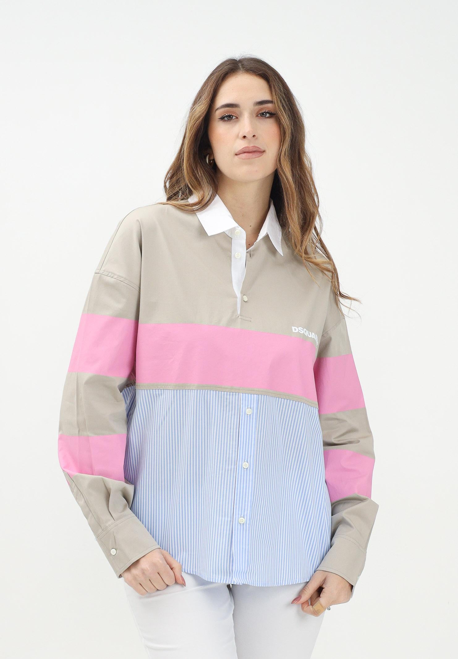 DSQUARED2 Camicia a manica lunga beige per donna e bambina con stampa logo e inserti a contrasto DQ2772D0AC3 DQC14 DSQUARED2