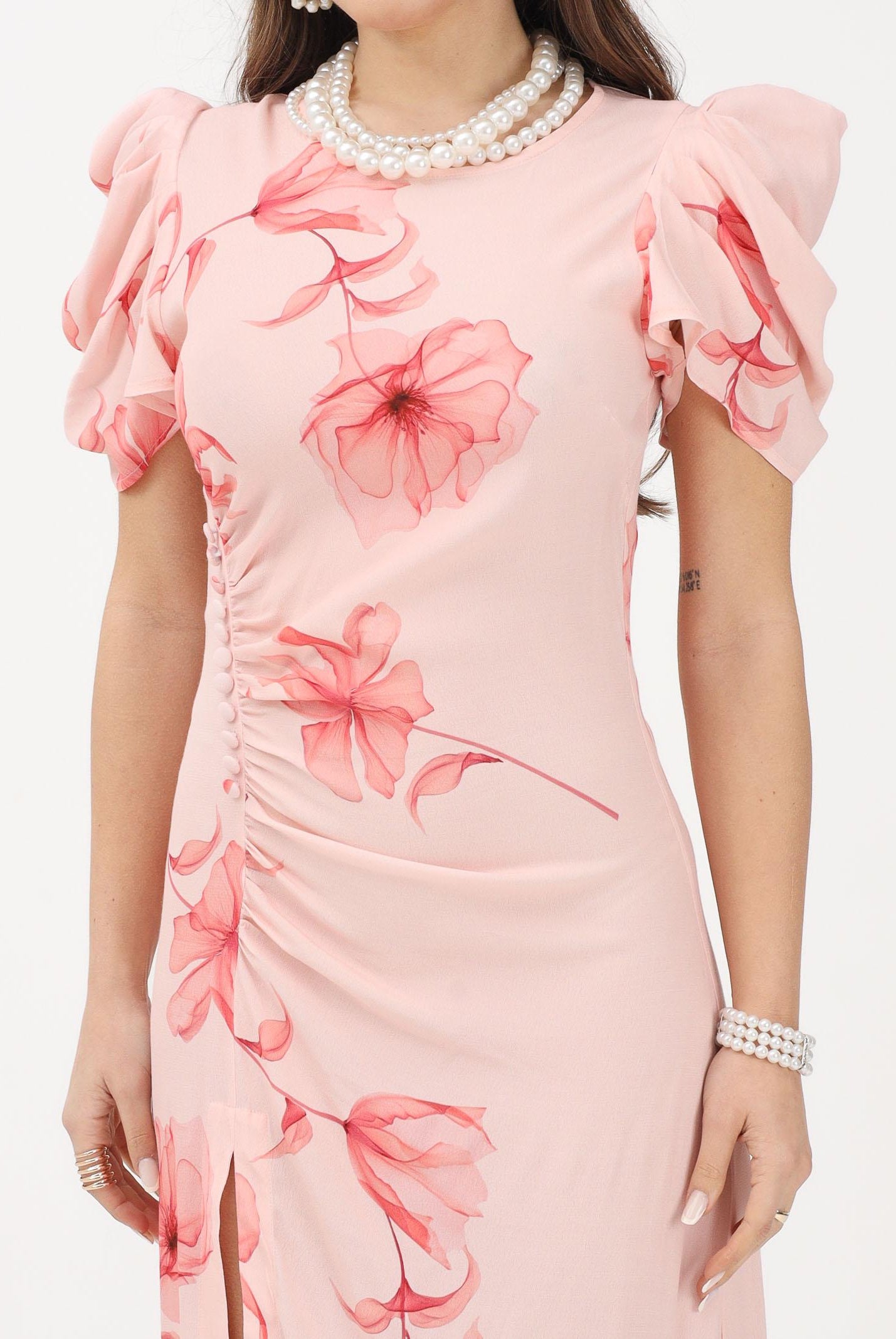 MAR DE MARGARITAS Abito midi Kristel nude da donna con stampa floreale MMABW01537 AR14 Mar de margaritas