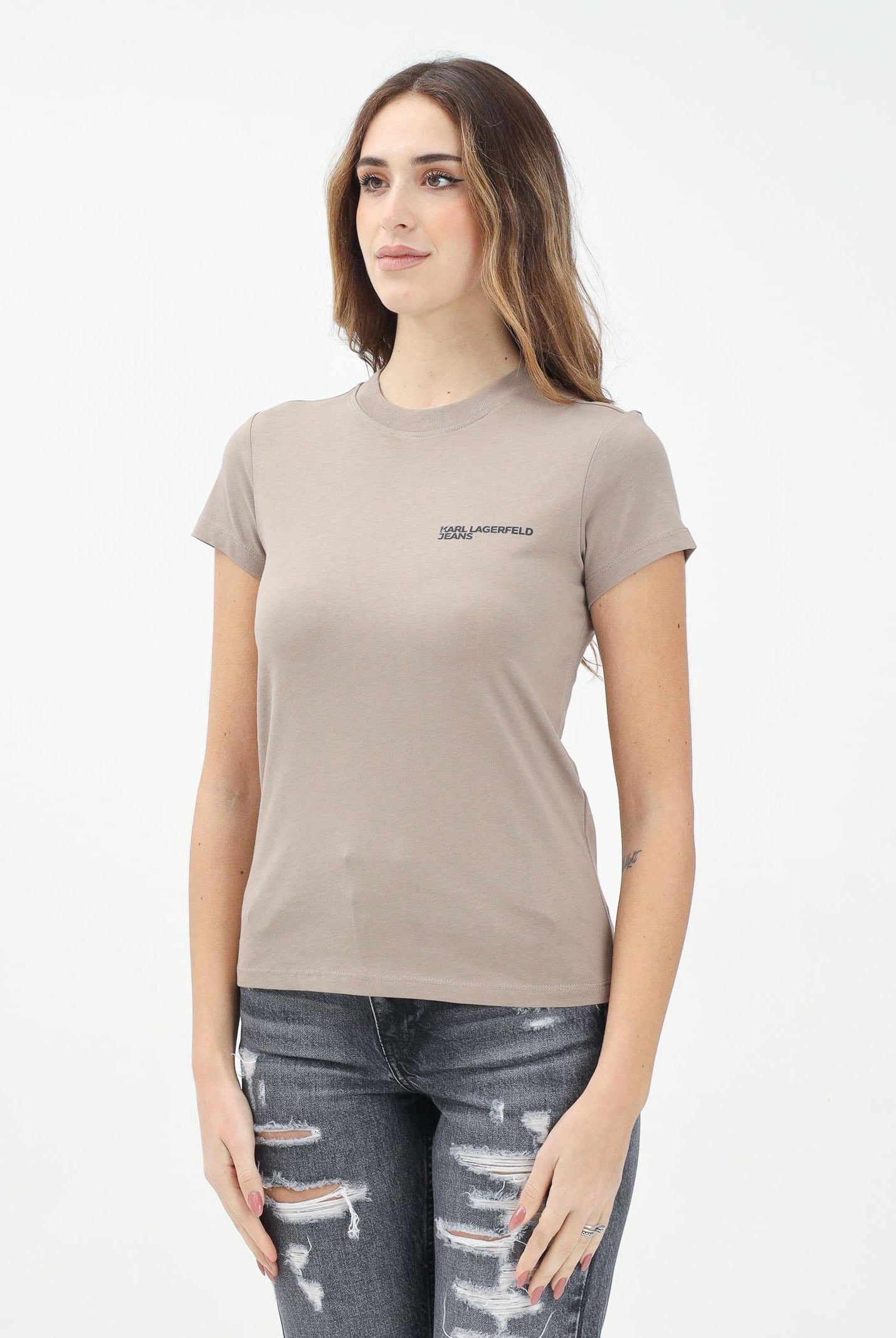 KARL LAGERFELD T-shirt a manica corta beige da donna decorata con il logo "Karl Lagerfeld Jeans" KLA1W17004 1JH KARL LAGERFELD