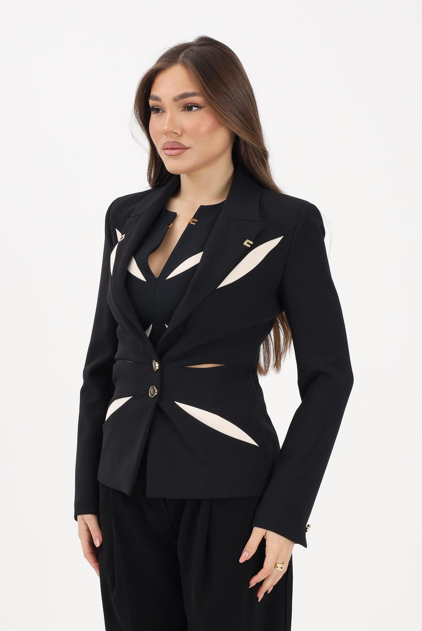 ELISABETTA FRANCHI Giacca monopetto nera e burro da donna con cut-out bicolore GI19861E2 685 ELISABETTA FRANCHI