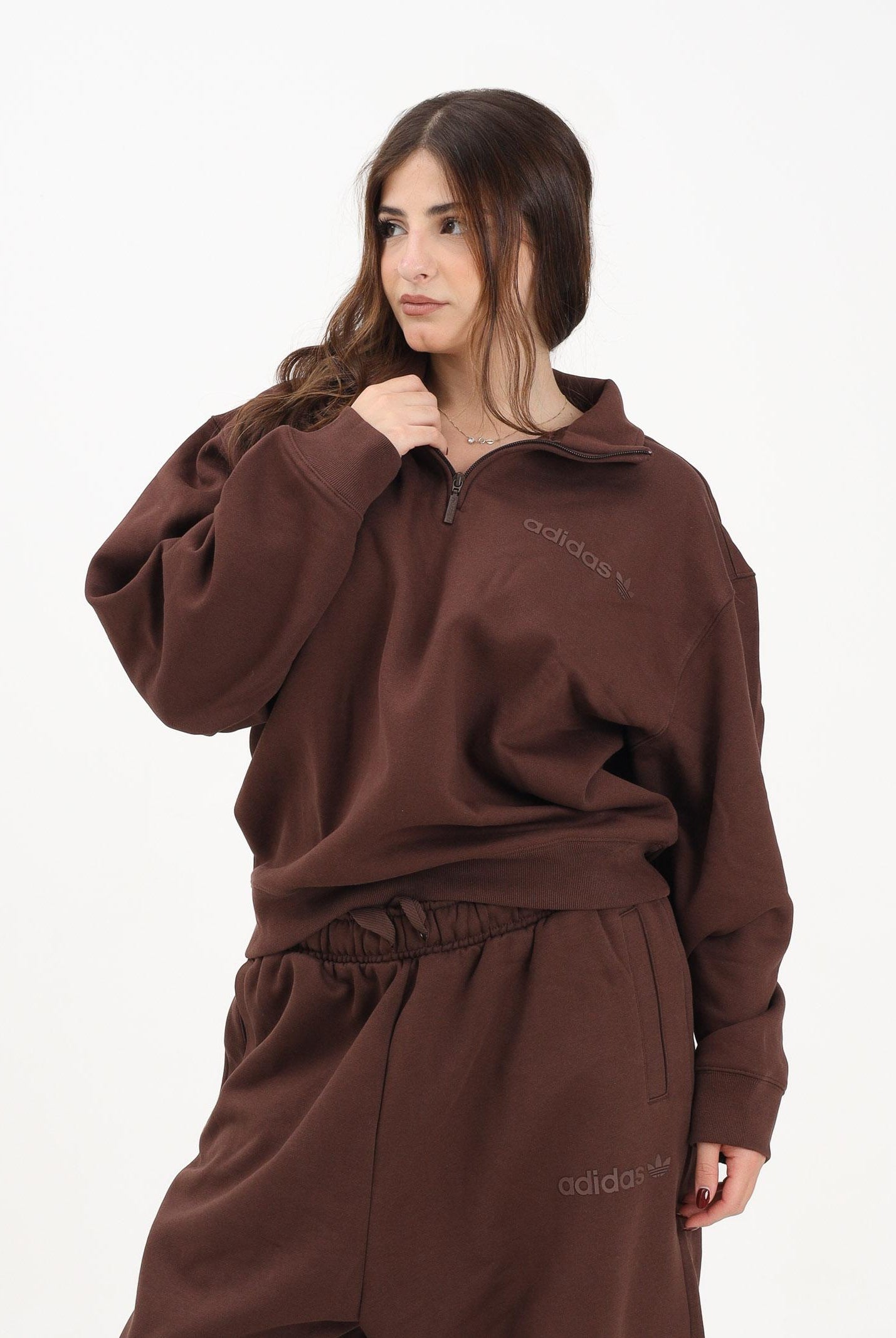 ADIDAS ORIGINALS Felpa mezza zip Essentials Linear marrone da donna JW1023 . ADIDAS ORIGINALS