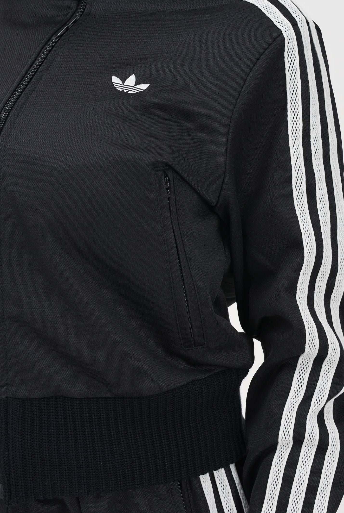 ADIDAS ORIGINALS Felpa con zip Firebird nera da donna con dettagli in maglia all'uncinetto KD5455 . ADIDAS ORIGINALS