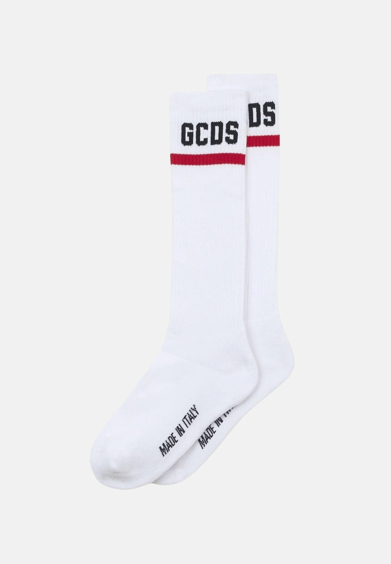 GCDS Calzini bianchi per uomo e donna con logo a contrasto C1UJQQ714T801 100B GCDS