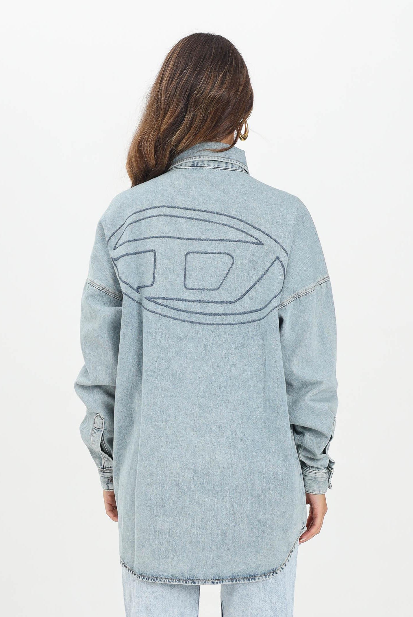 DIESEL Camicia a manica lunga in denim chiaro per donna, ragazzi e bambini con maxi logo Oval D J02307KXBPS K01 DIESEL