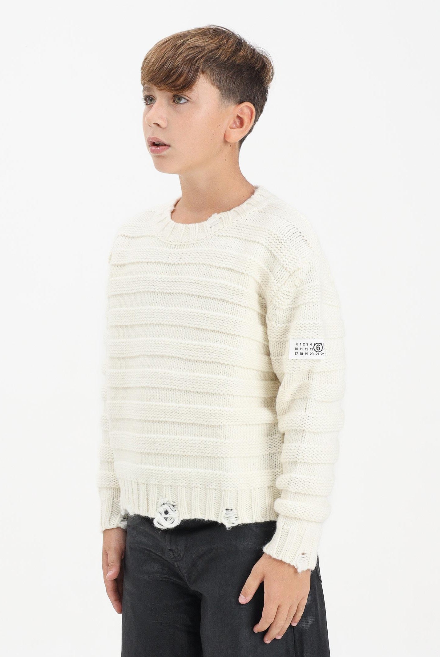 MAISON MARGIELA Maglioncino girocollo panna per donna, ragazzi e bambini in misto lana a coste con rotture<BR/> M60880MM06P M6101 MAISON MARGIELA