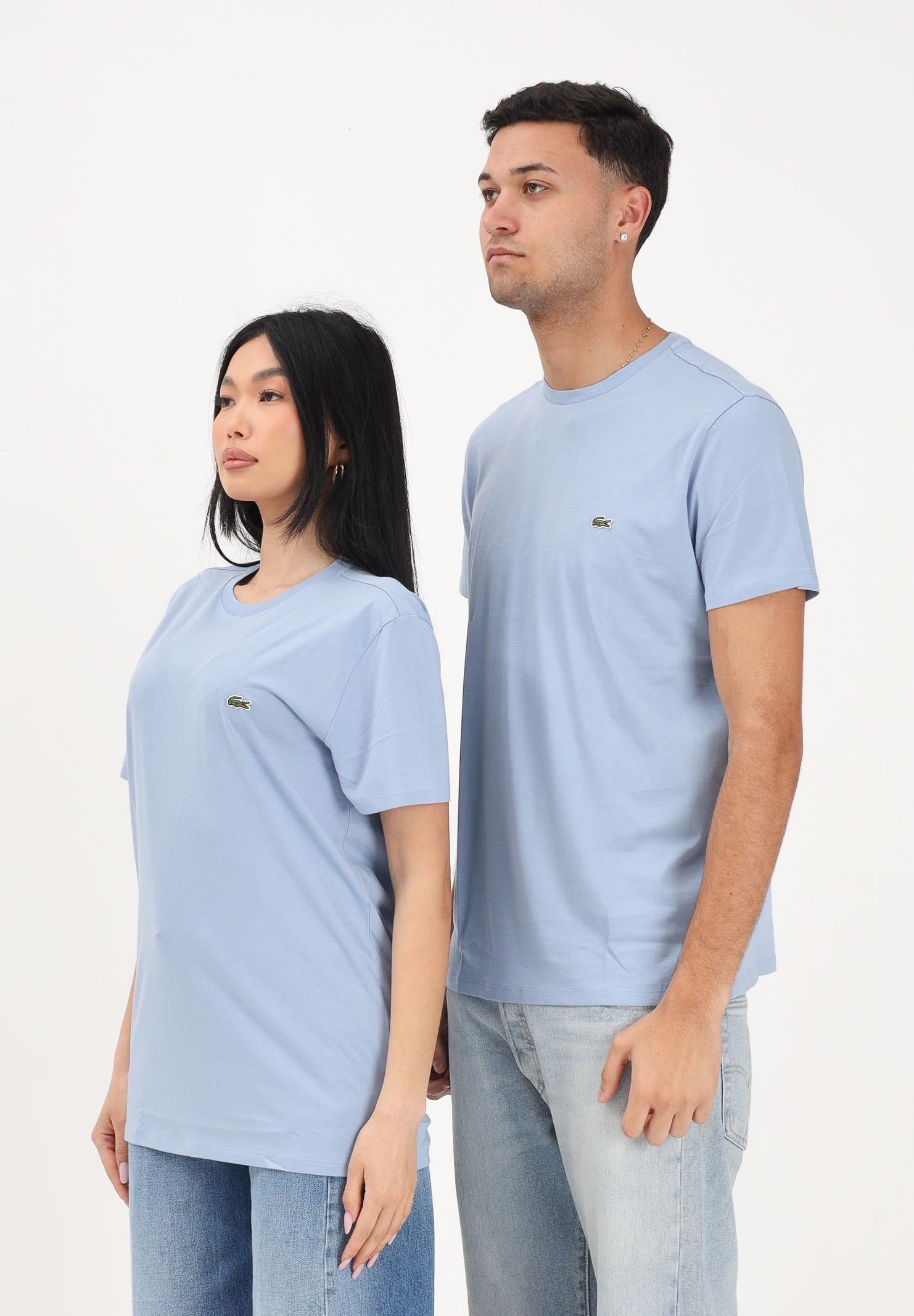 LACOSTE T-shirt a manica corta celeste per uomo e donna con patch logo TH6709 AEY LACOSTE