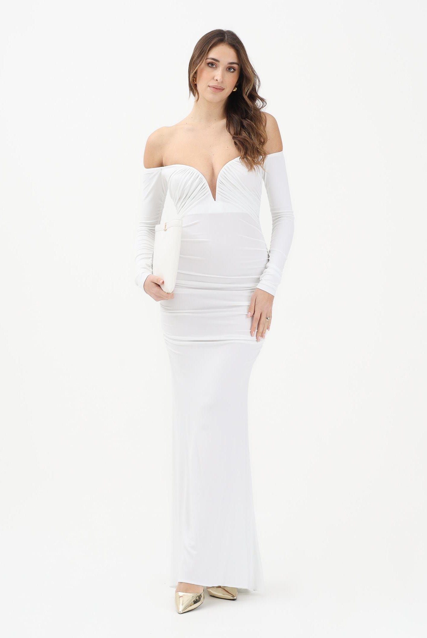 ELISABETTA FRANCHI Abito lungo avorio da donna con drappeggi ABR1061E2 360 ELISABETTA FRANCHI
