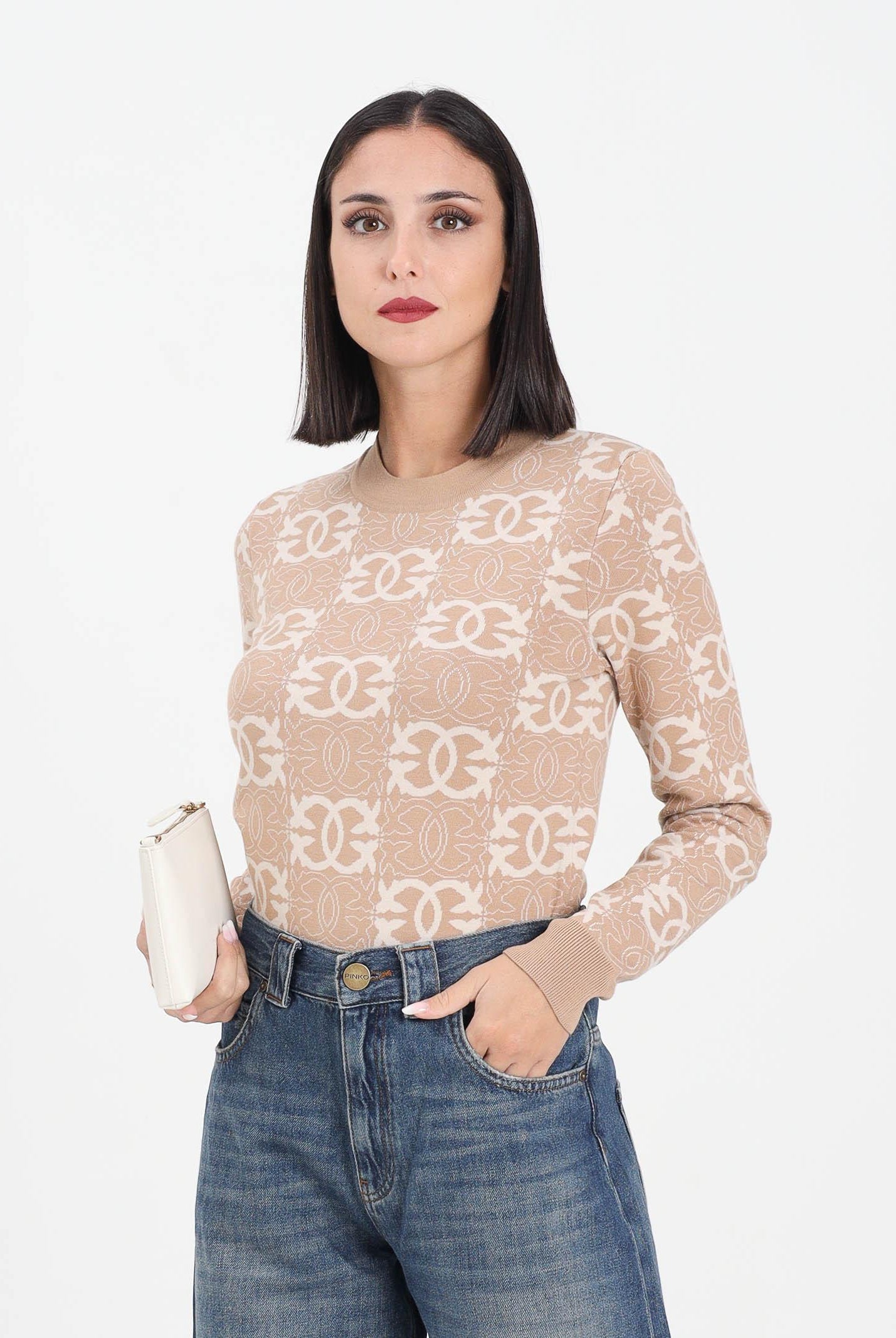 PINKO Maglioncino girocollo beige da donna con logo Love Birds 106041A2YD C4Z PINKO