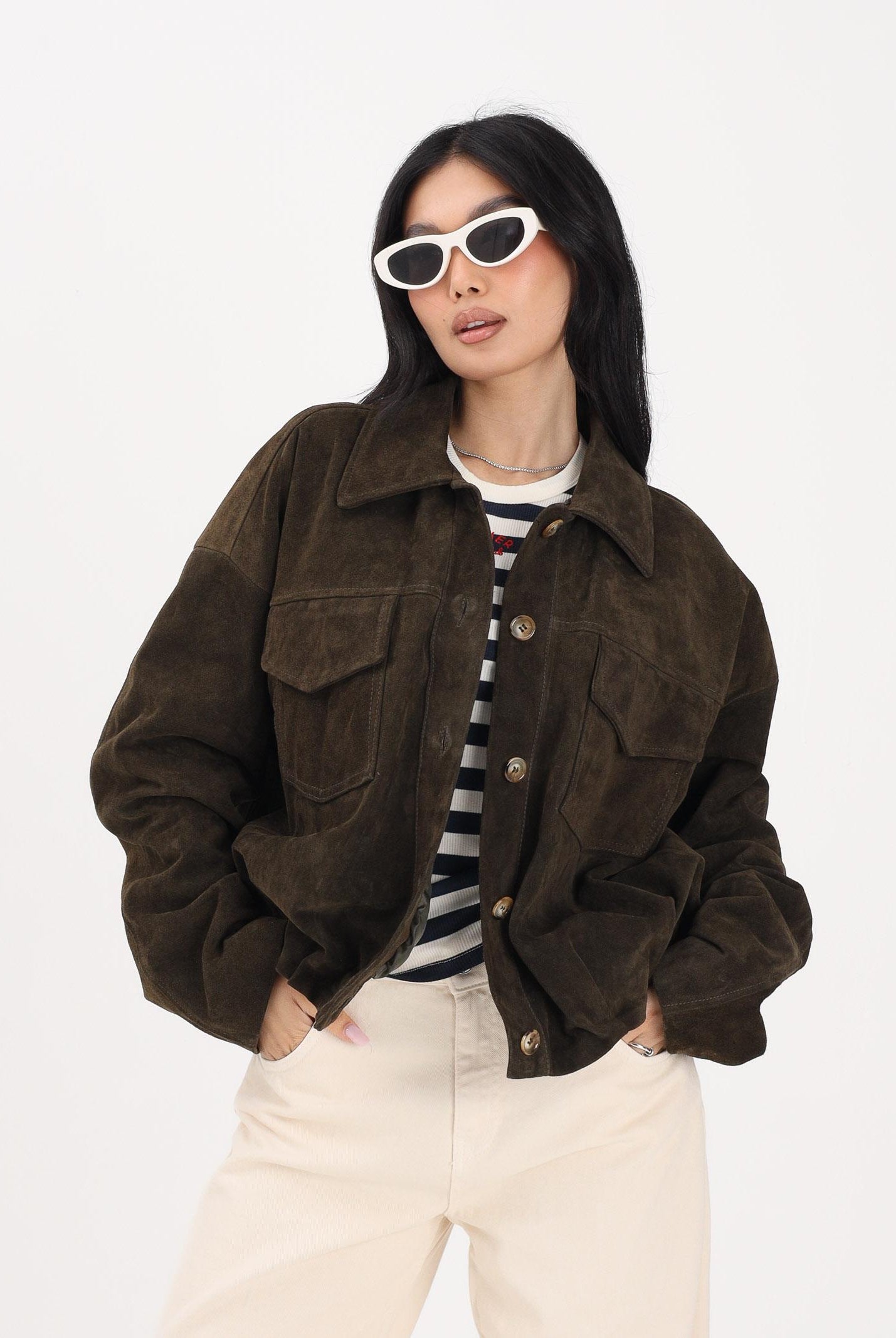 VICOLO Giubbotto in pelle scamosciata verde militare da donna TAB0171 ABU19 VICOLO