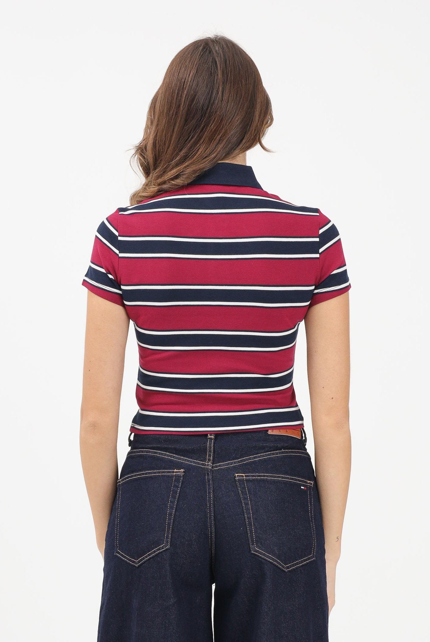 TOMMY JEANS Polo a manica corta bordeaux e blu da donna caratterizzata da una fantasia a righe orizzontali DW0DW21931 0E3 TOMMY JEANS