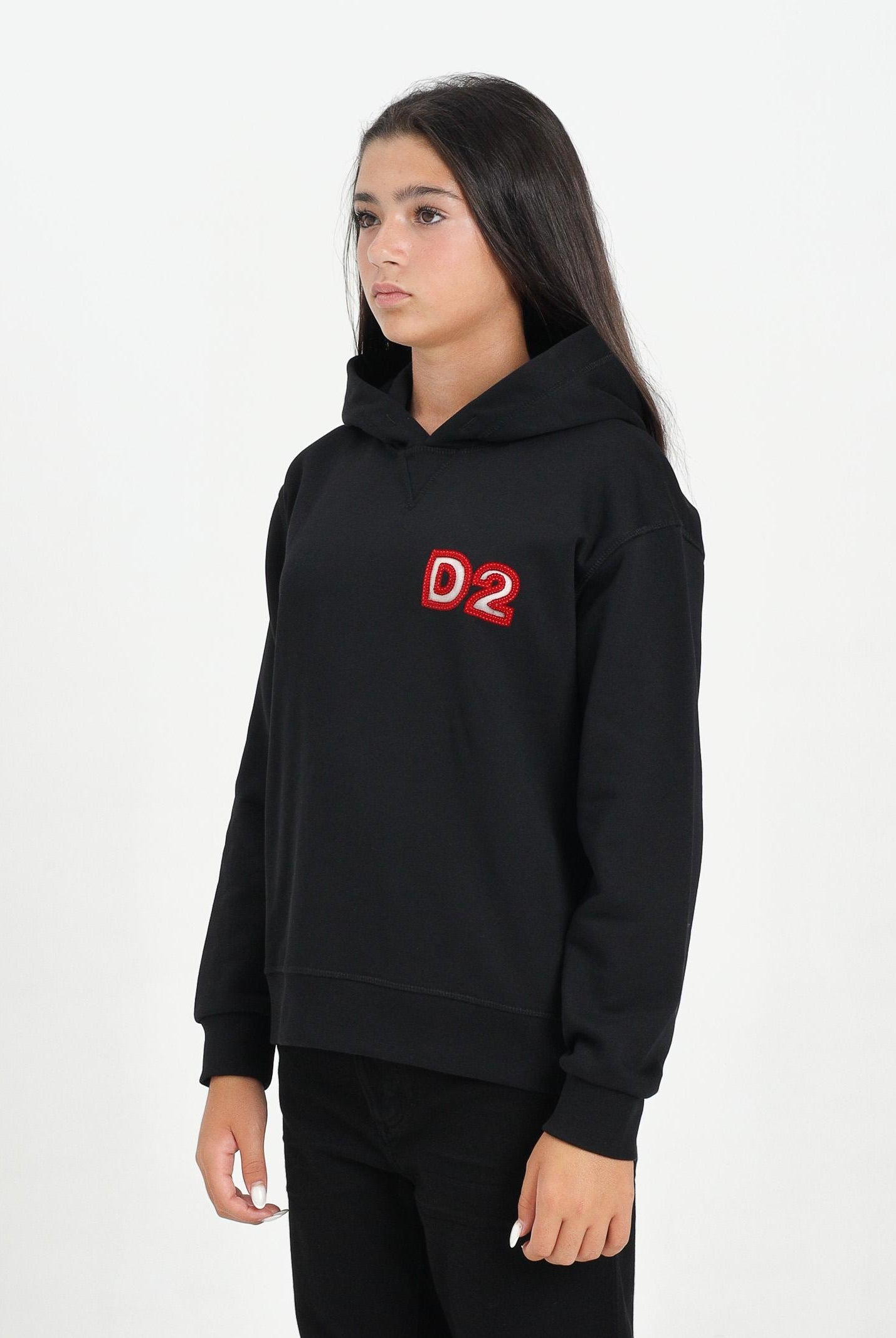 DSQUARED2 Felpa con cappuccio nera per donna, ragazzi e bambini con logo Beads DQ3016D009B DQ900 DSQUARED2