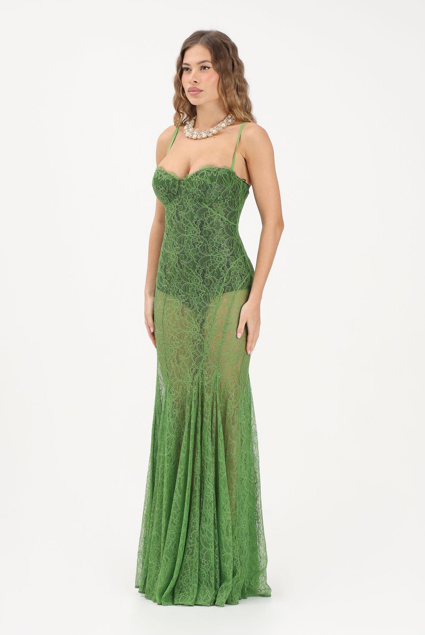 ELISABETTA FRANCHI Abito lungo verde da donna in pizzo floreale ABR0862E2 FA1 ELISABETTA FRANCHI