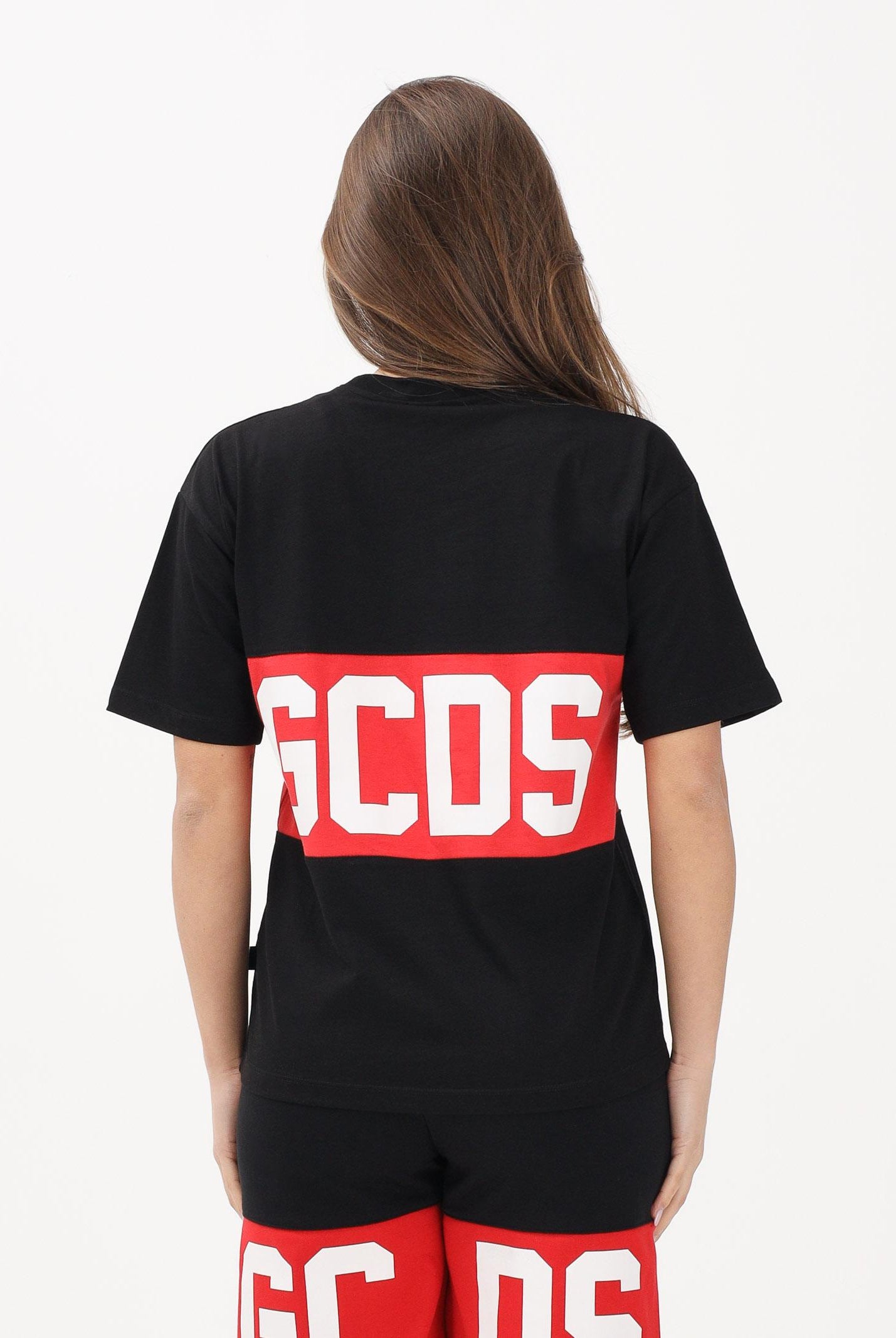 GCDS T-shirt a manica corta nera per donna, ragazzi e bambini con stampa logo Z0UJQC585J105 999R GCDS