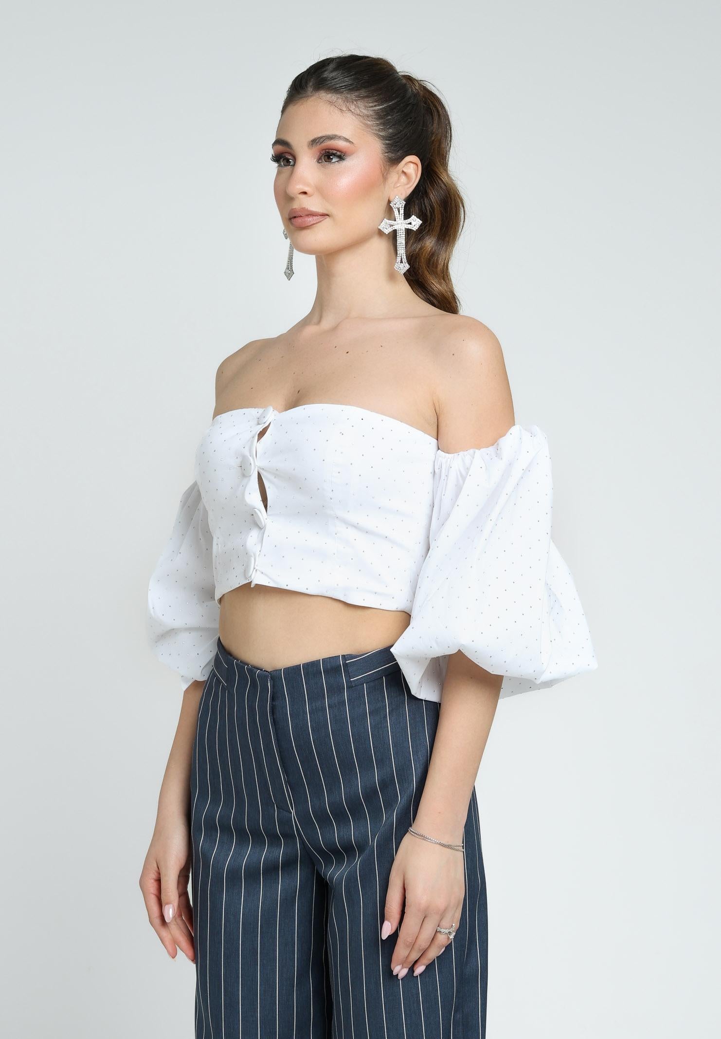 SANTAS Top elegante bianco da donna interamente ricoperto di strass PV2501 BIANCO SANTAS