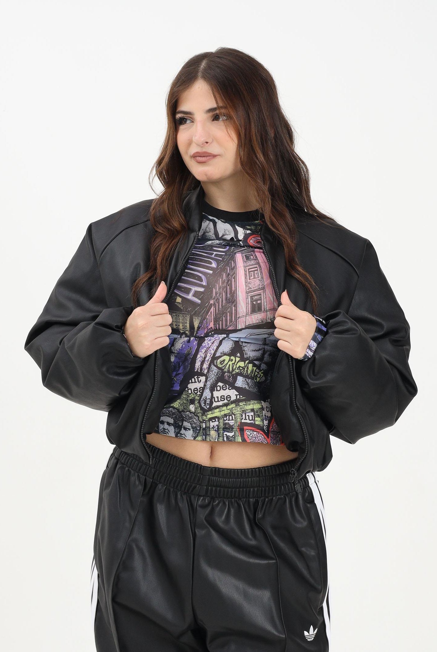 ADIDAS ORIGINALS Bomber Pleather Bomber Synthetic Down nero da donna JX5332 . ADIDAS ORIGINALS