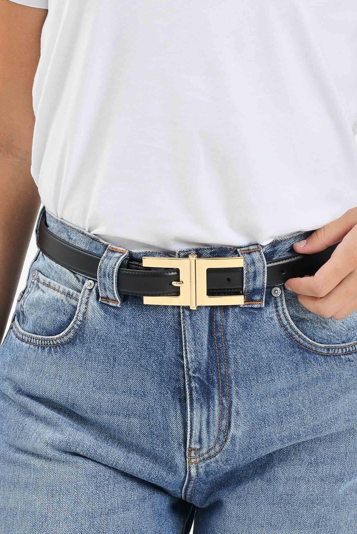 ELISABETTA FRANCHI Cintura a vita alta nera da donna con fibbia logo<BR/> CT57S57E2 110 ELISABETTA FRANCHI