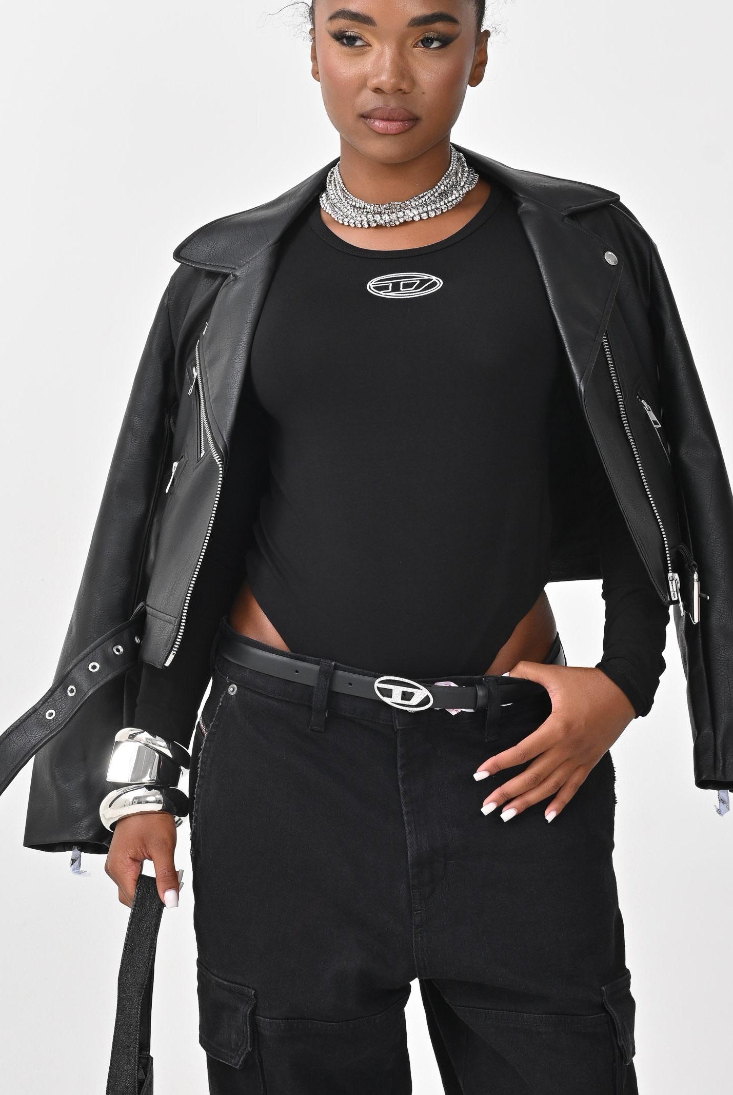 DIESEL Body a manica lunga nero per donna e ragazze con logo Oval D J024330AFAA K900 DIESEL