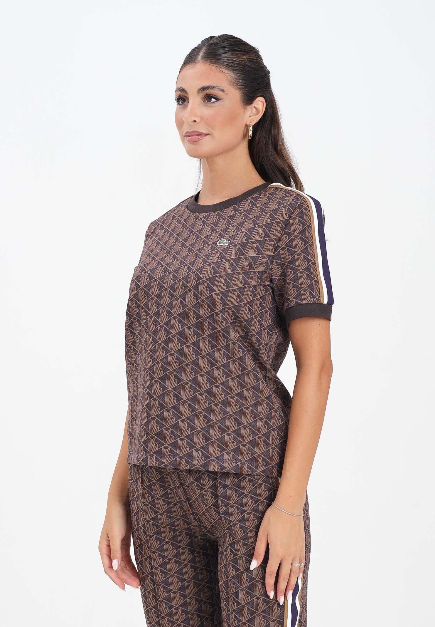 LACOSTE T-shirt a manica corta marrone da donna con monogramma TF3244 9I4 LACOSTE