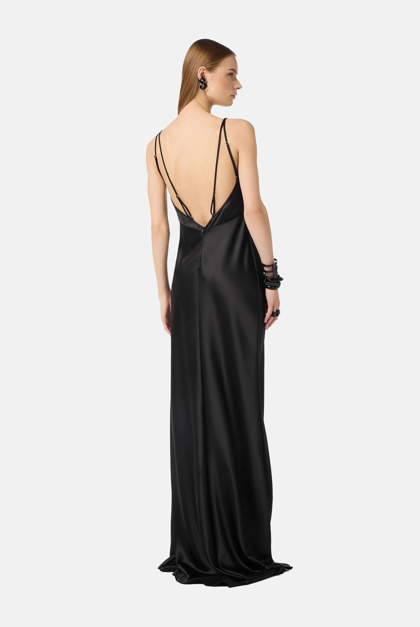 ELISABETTA FRANCHI Abito lungo Red Carpet in raso nero donna ABR3362E2 110 ELISABETTA FRANCHI