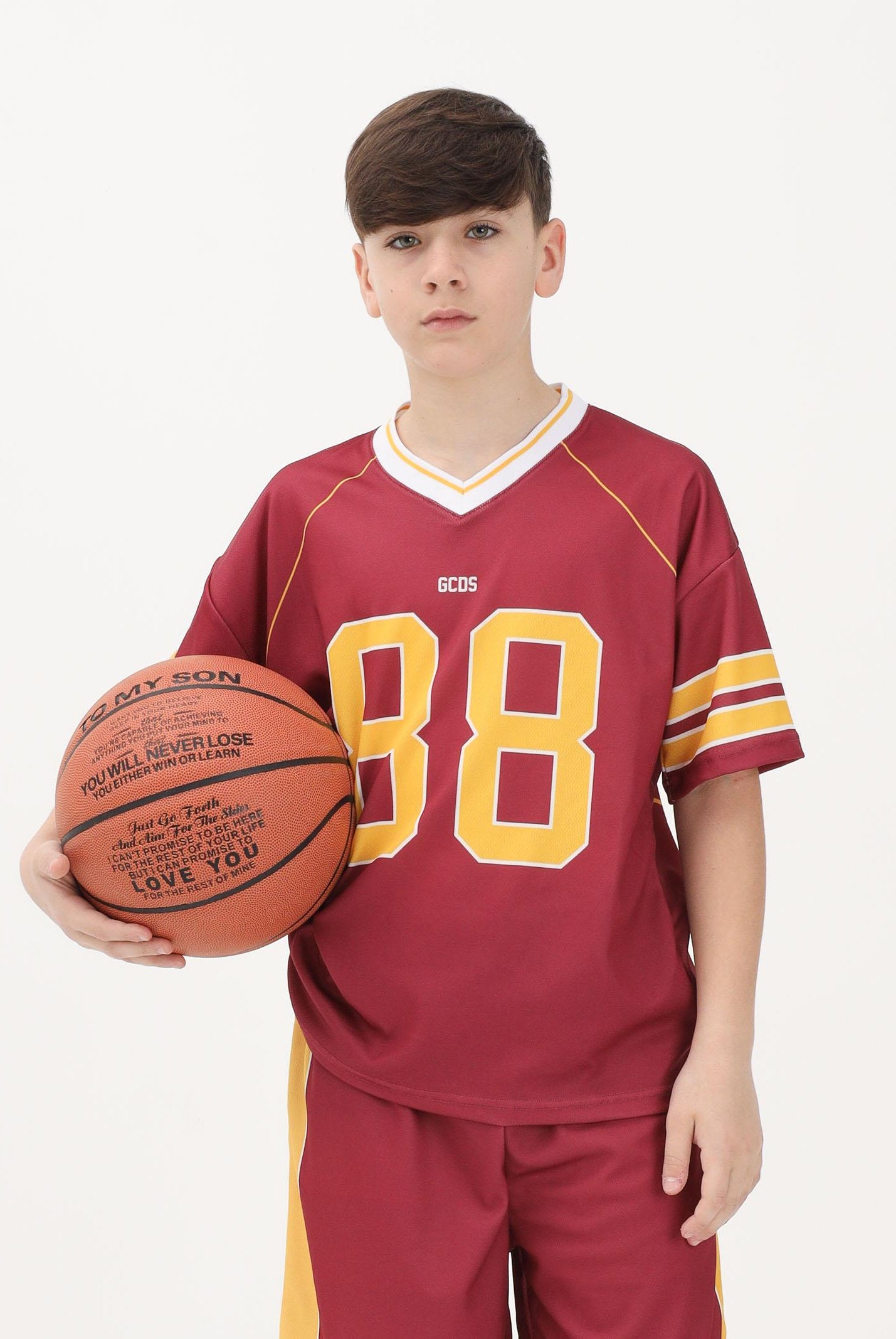 GCDS T-shirt a manica corta bordeaux per donna, ragazzi e bambini stile college C1BJQC709J338 468Y GCDS