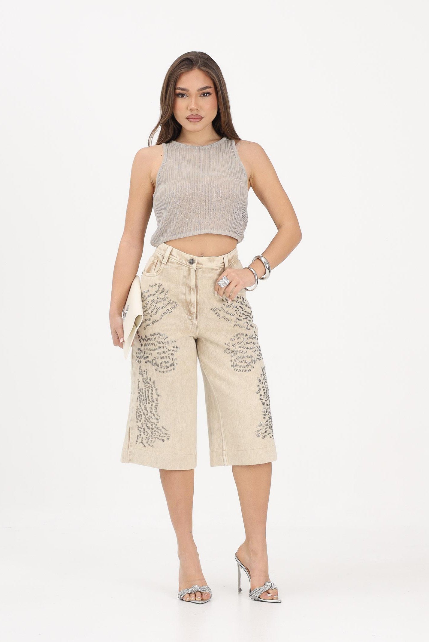 PATRIZIA PEPE Bermuda in denim beige da donna con strass 2P1771D154 B895 PATRIZIA PEPE