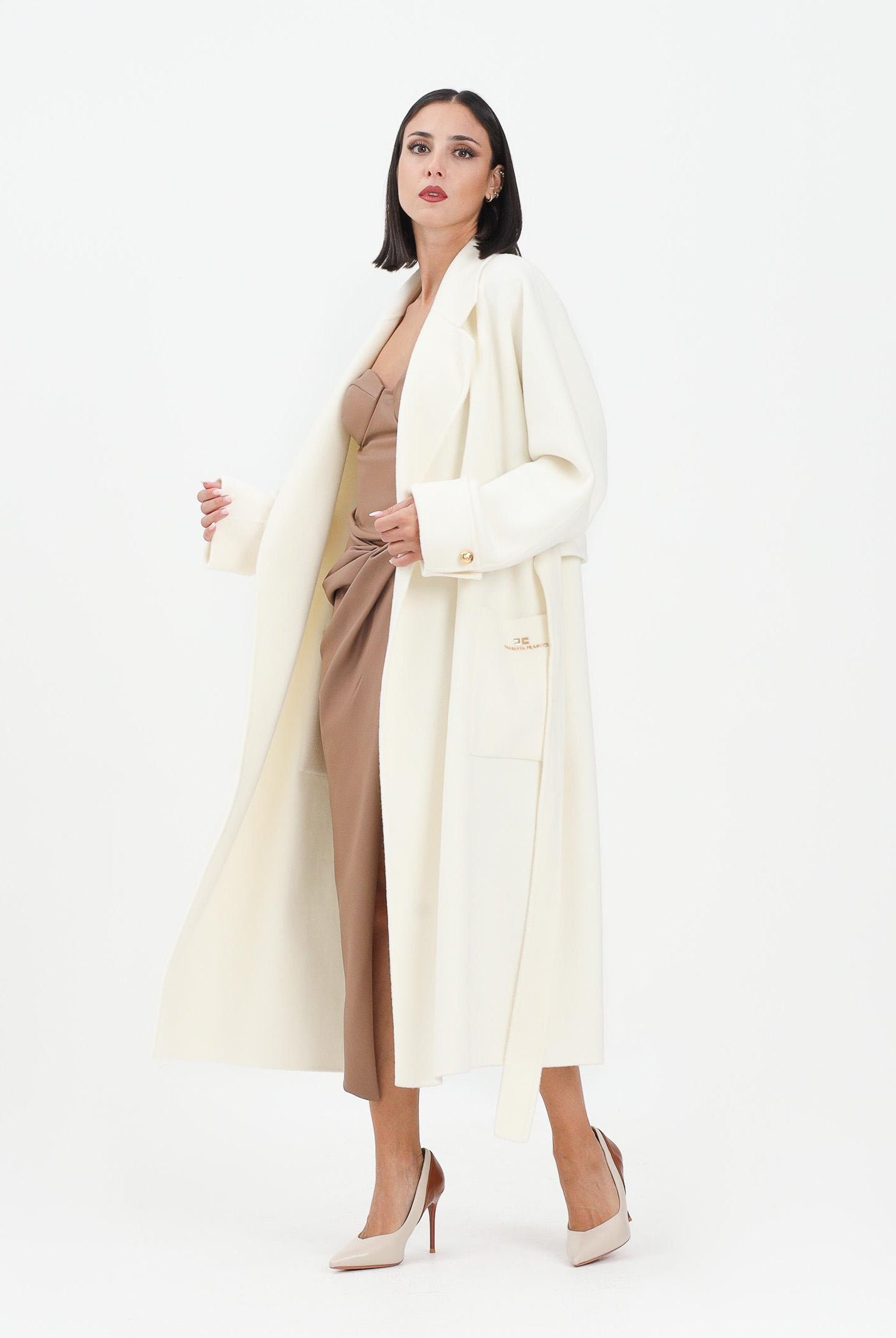 ELISABETTA FRANCHI Cappotto a vestaglia in panno panna da donna CP68D56E2 DZ9 ELISABETTA FRANCHI