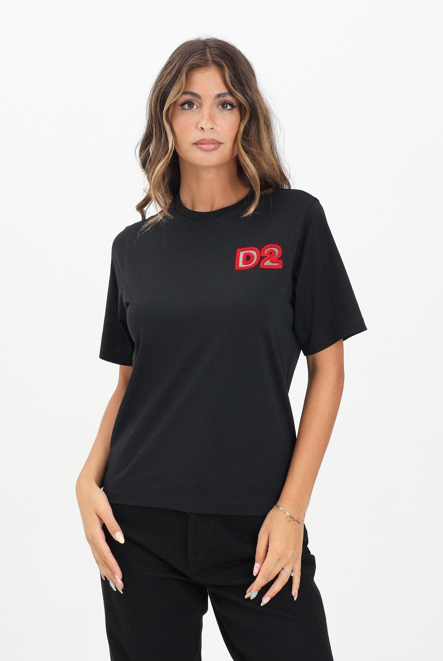 DSQUARED2 T-shirt a manica corta nera per donna, ragazzi e bambini con logo Beads DQ2996D00MM DQ900 DSQUARED2