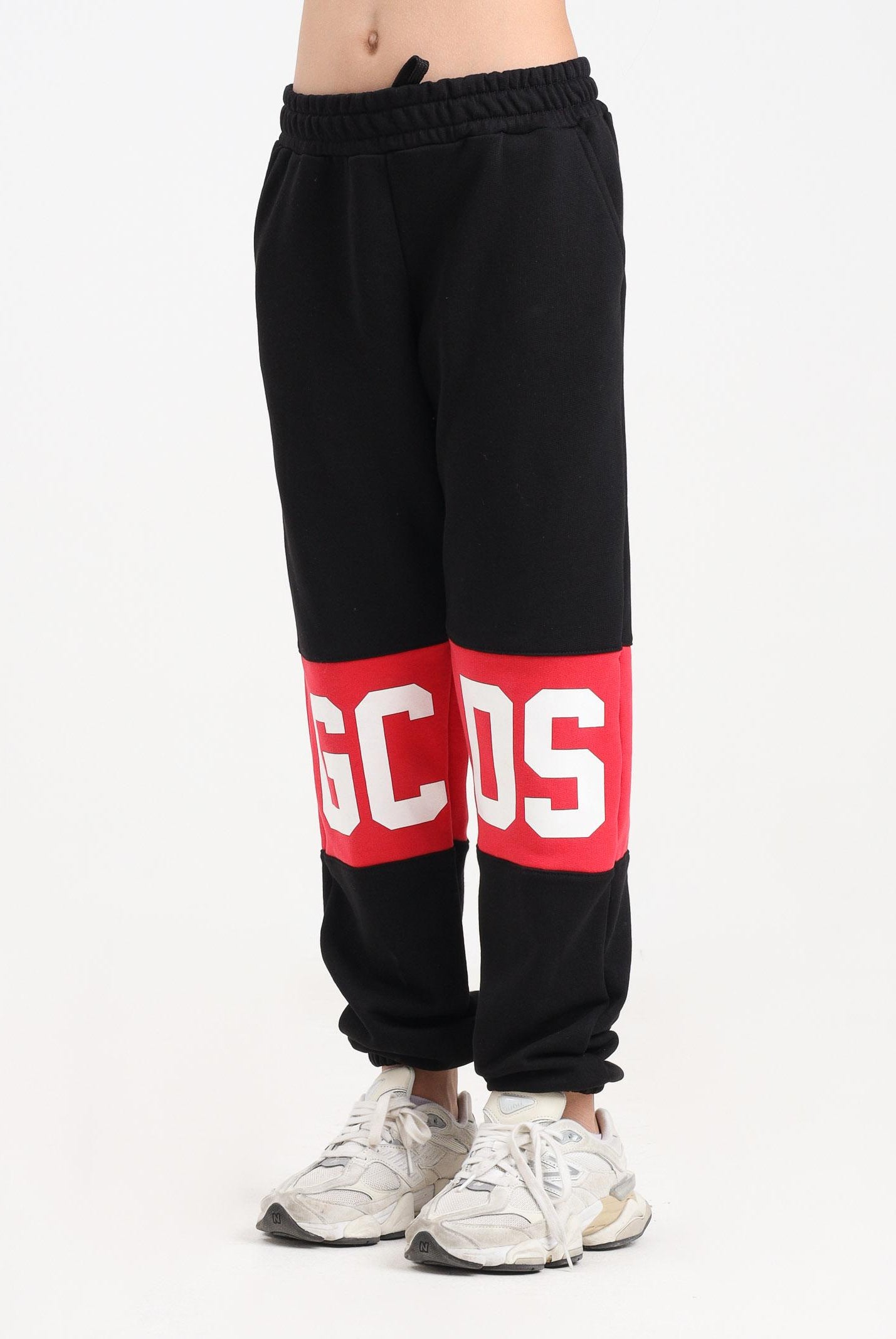 GCDS Pantalone sportivo nero per donna, ragazzi e bambini con fascia a contrasto e logo B2JU3017BA2 99 GCDS