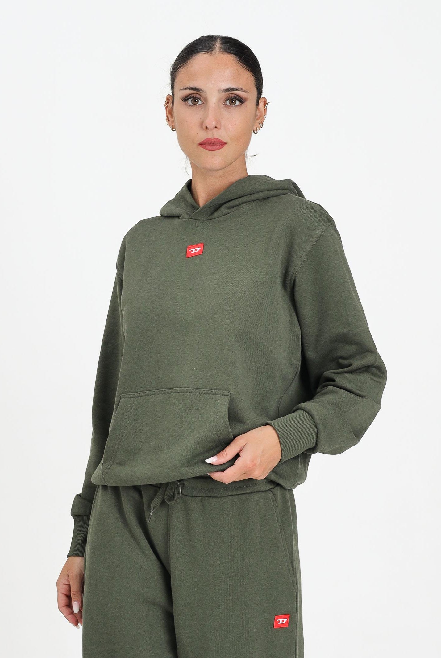 DIESEL Felpa con cappuccio verde militare per donna, ragazzi e bambini rifinita da patch D J025020GEAD K513 DIESEL