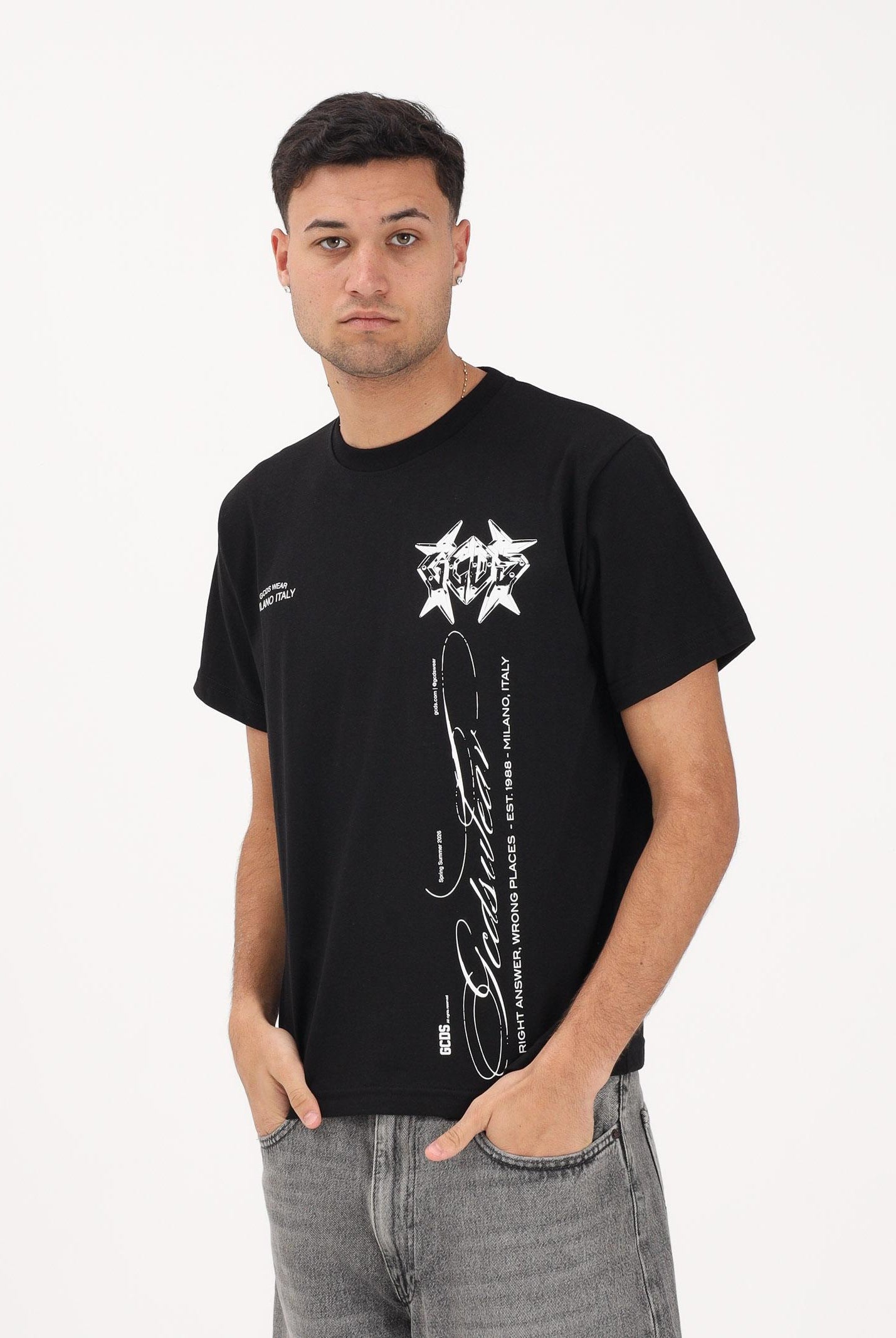 GCDS T-shirt a manica corta nera per uomo e donna con stampa C1MWQC070J079 999A GCDS