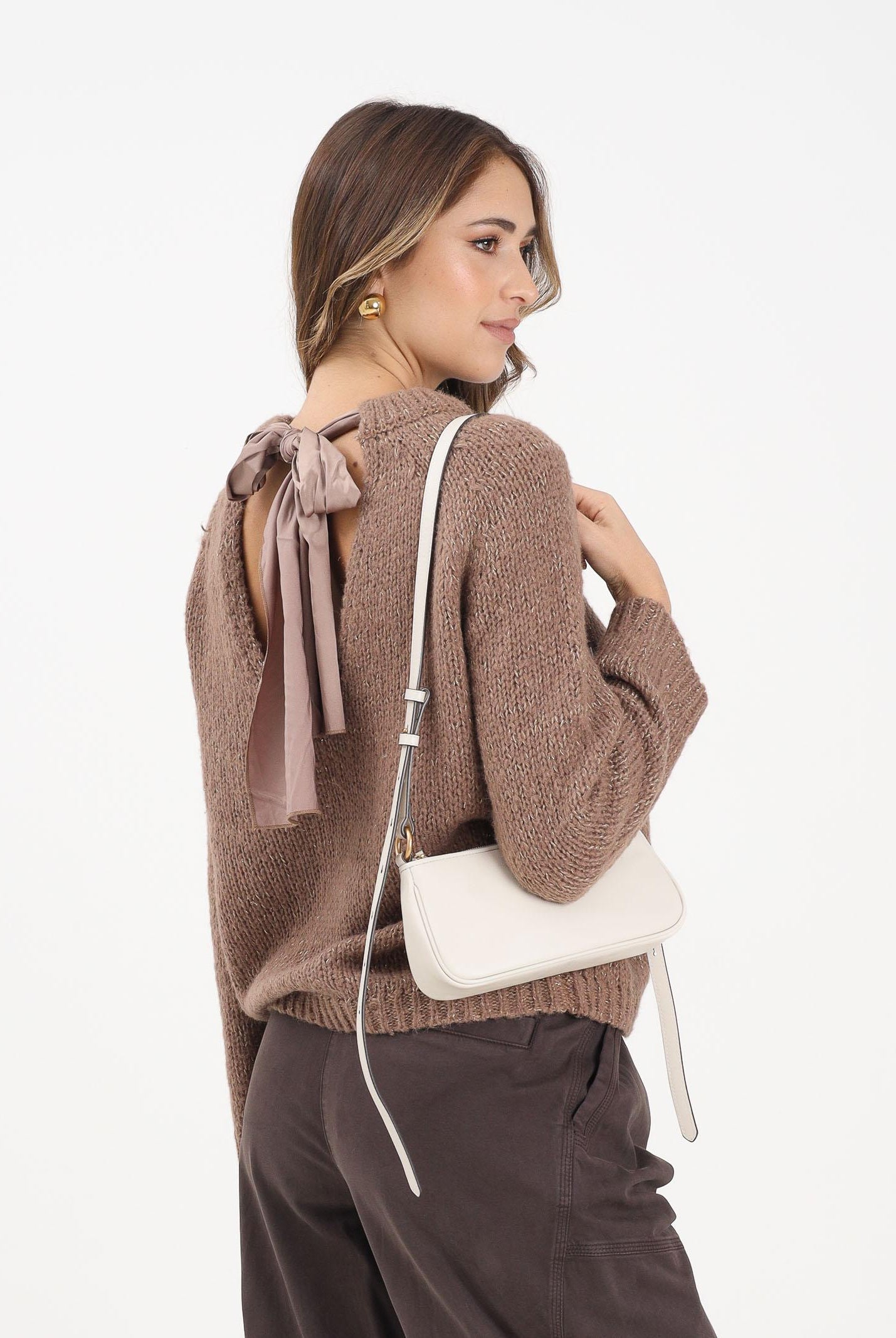 ONLY Maglioncino girocollo marrone da donna con fiocco sul retro 15353235 CocoaCrÈme ONLY