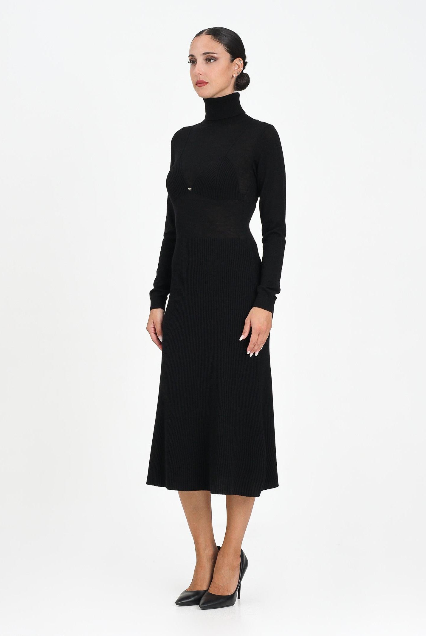 ELISABETTA FRANCHI Abito midi in maglia nera da donna con collo dolcevita AM30S57E2 110 ELISABETTA FRANCHI