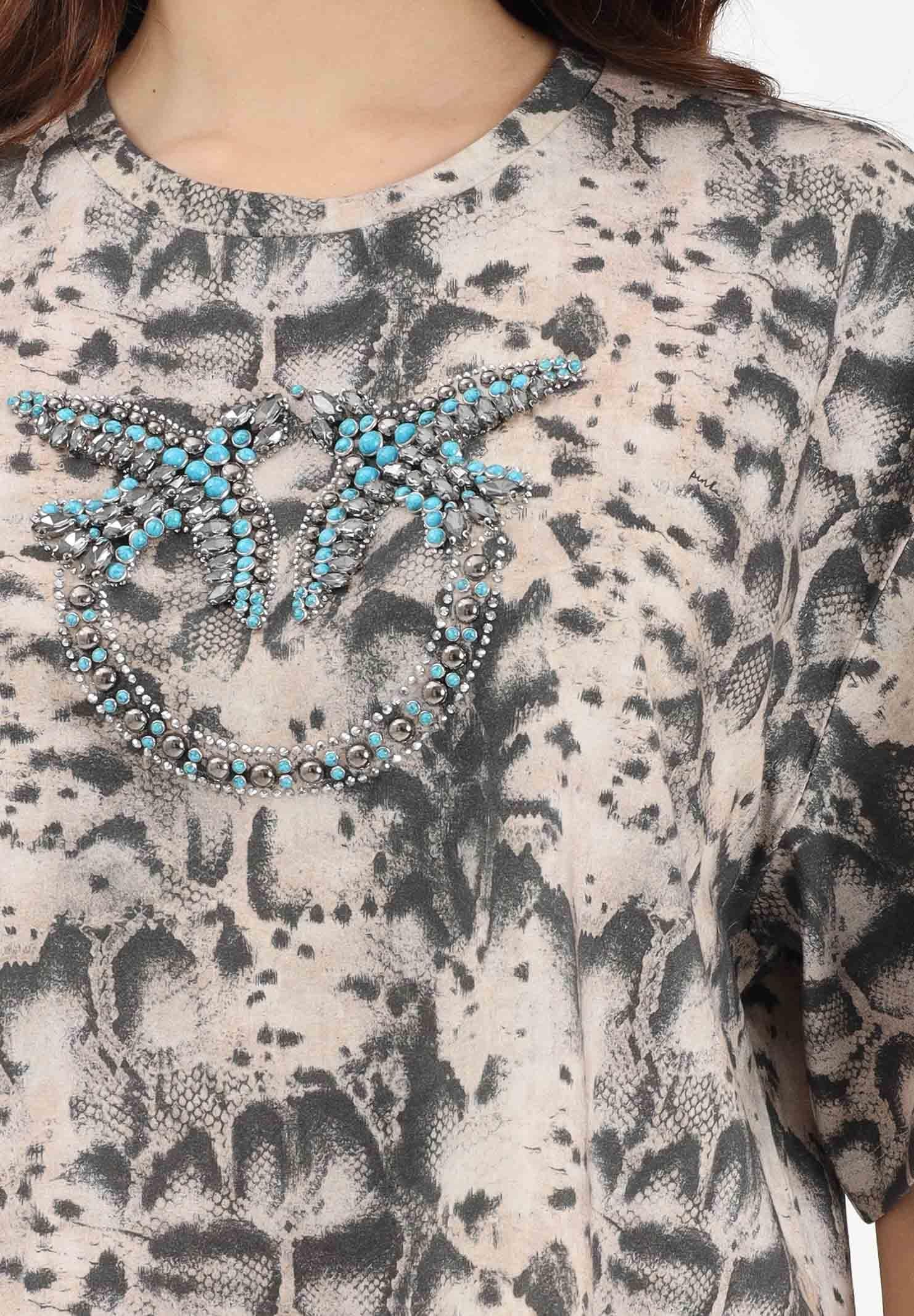 PINKO T-shirt a manica corta beige da donna con fantasia pitonata e logo 106921A3C8 CZ9 PINKO