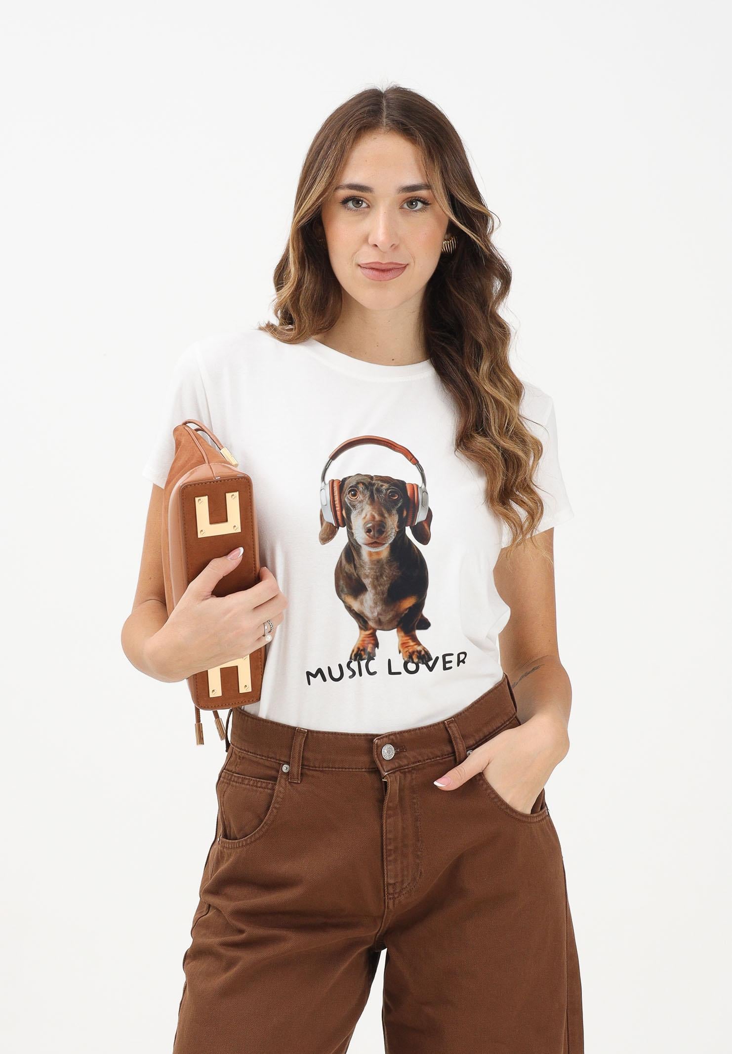 VICOLO T-shirt a manica corta bianca da donna con stampa bassotto RF0486 BI VICOLO