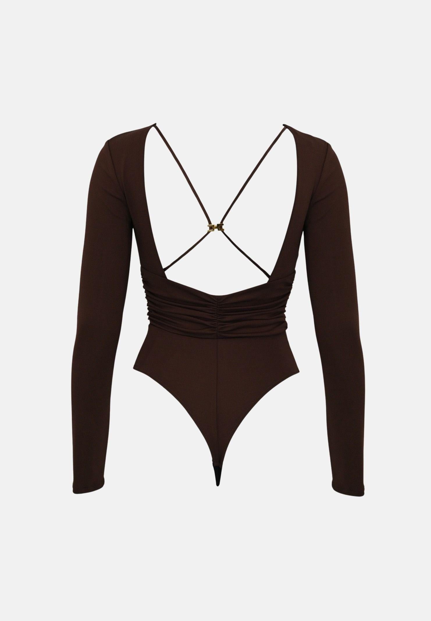 ELISABETTA FRANCHI Body manica lunga marrone da donna con drappeggi BO00356E2 EA3 ELISABETTA FRANCHI