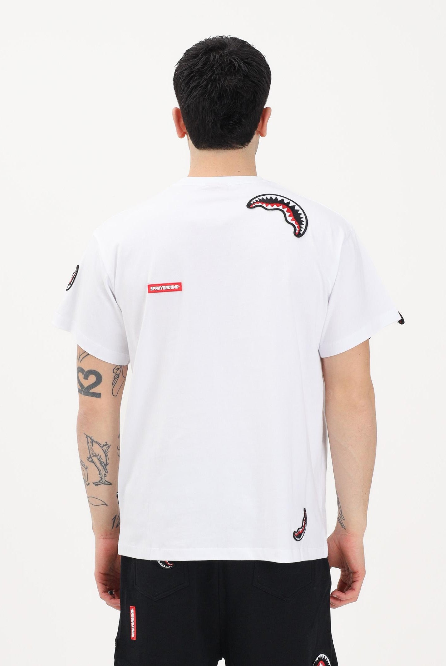 SPRAYGROUND T-shirt a manica corta bianca da uomo con dettagli grafici "shark" SP846WHT . SPRAYGROUND