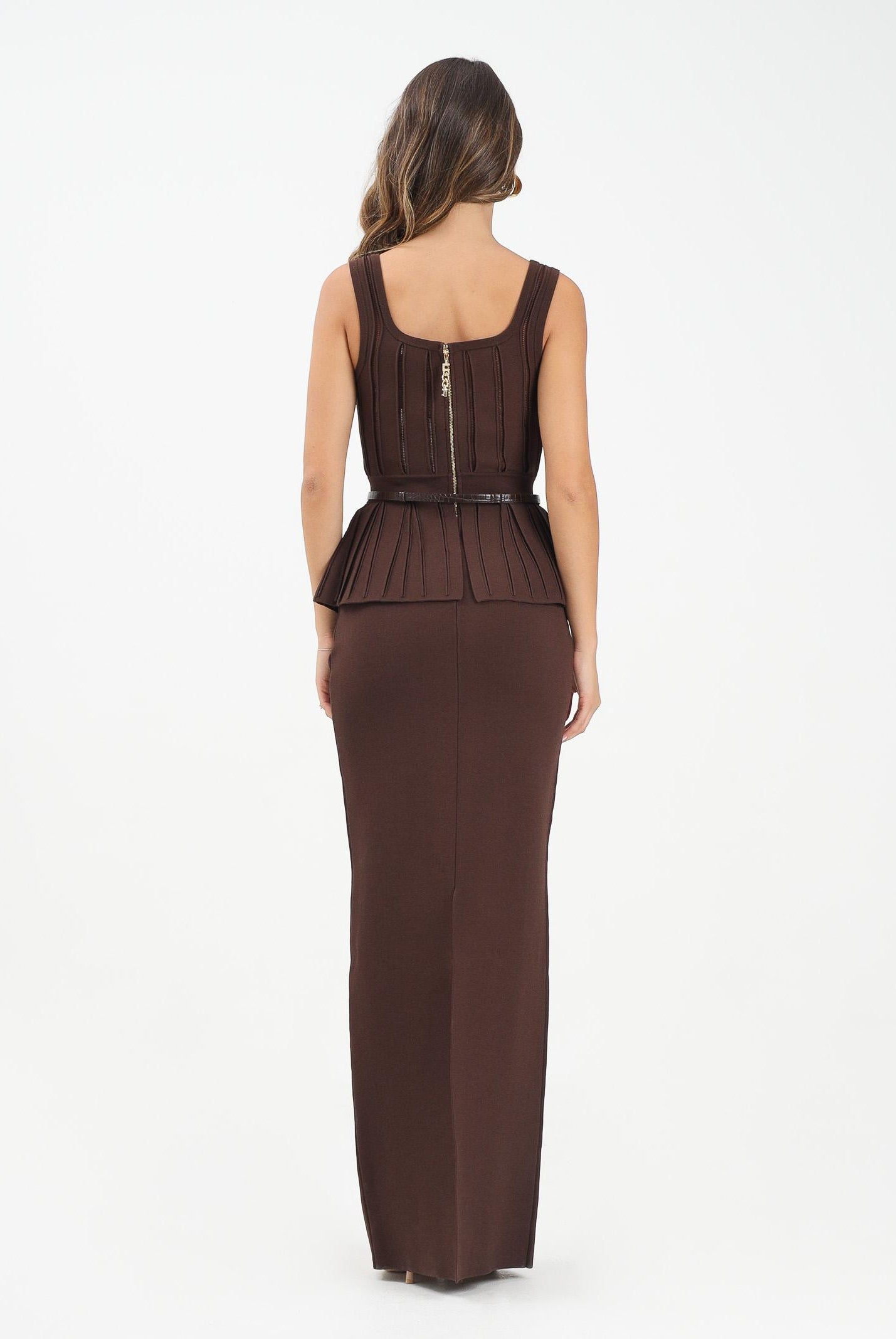 ELISABETTA FRANCHI Abito lungo marrone da donna in maglia con baschina AM69S56E2 EA3 ELISABETTA FRANCHI