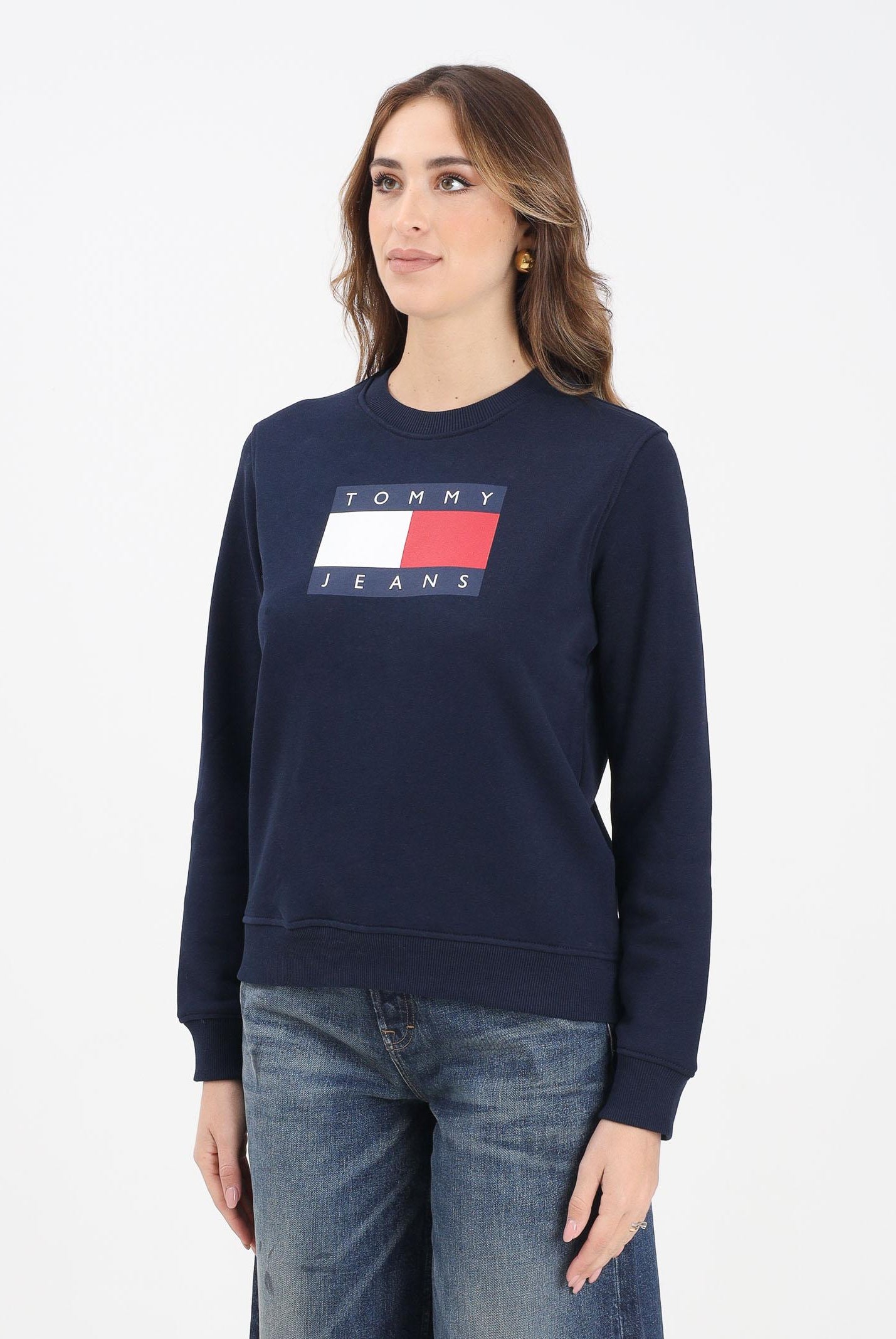 TOMMY JEANS Felpa girocollo blu da donna con stampa logo DW0DW22564C1G . TOMMY JEANS