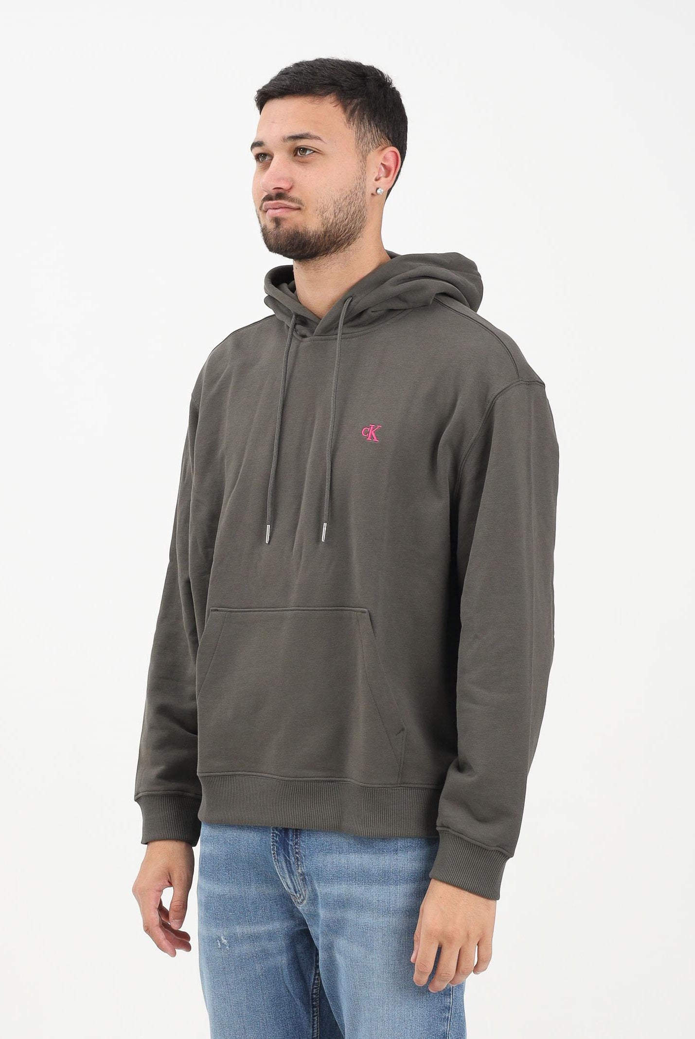CALVIN KLEIN JEANS Felpa con cappuccio verde militare da uomo rifinita da ricamo logo LV04RC297GPAR  CALVIN KLEIN JEANS