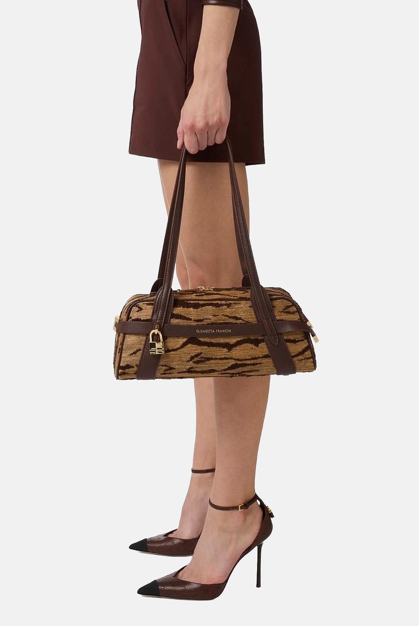 ELISABETTA FRANCHI Borsa a spalla cammello e marrone da donna con stampa tigre<BR/> BS11A62E2 470 ELISABETTA FRANCHI