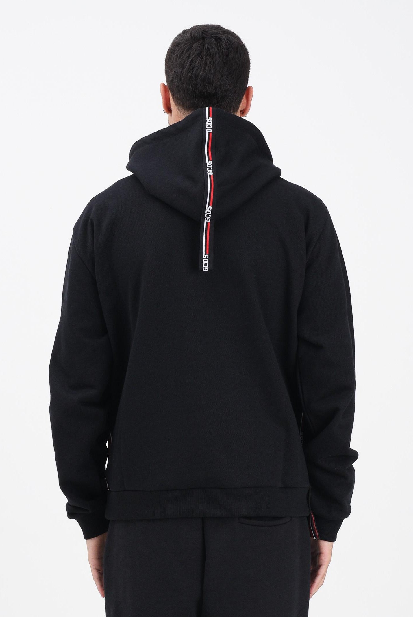 GCDS Felpa con zip nera per uomo e donna caratterizzata da nastri logati B2EM1900JD1 99 GCDS