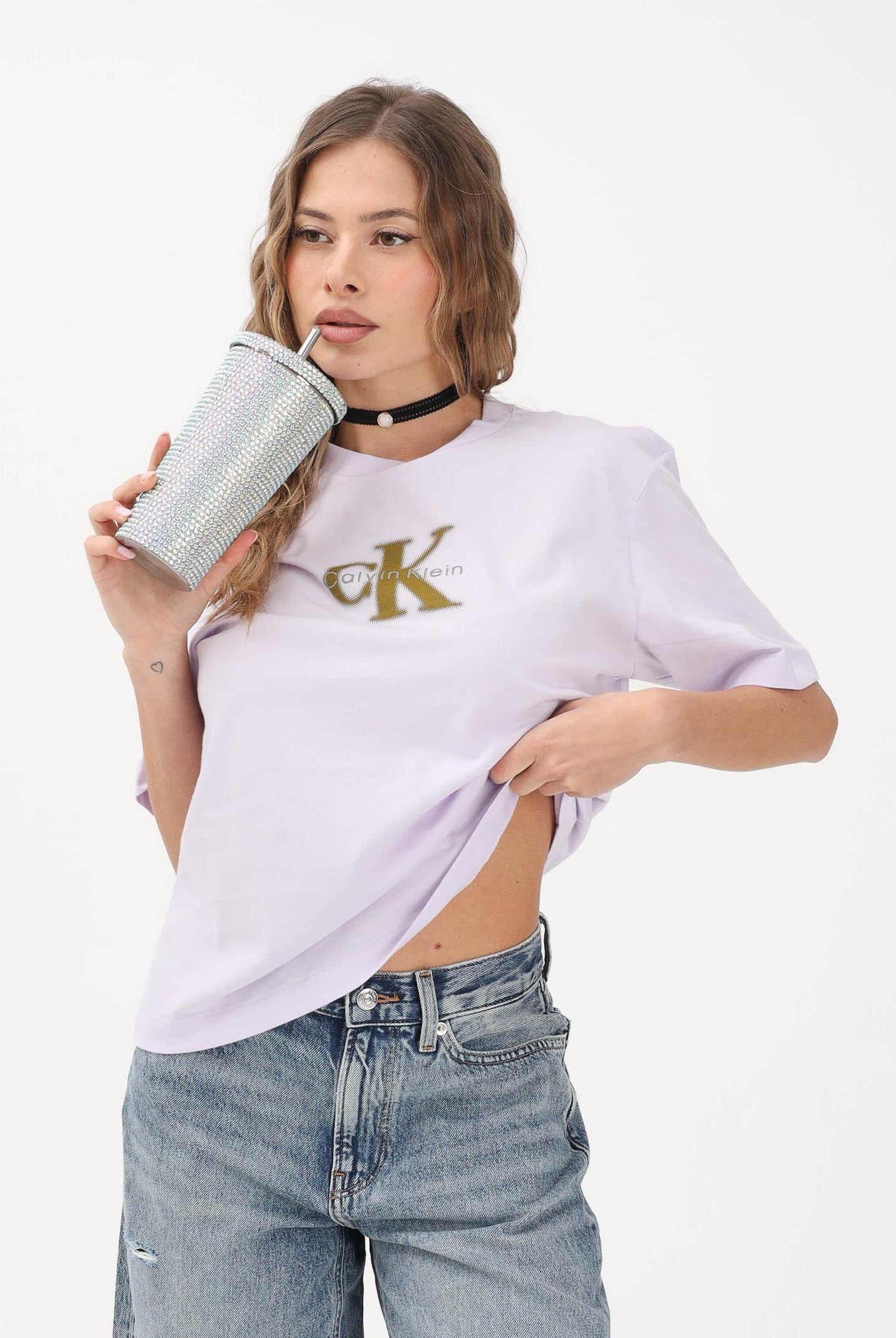 CALVIN KLEIN JEANS T-shirt a manica corta lilla da donna con logo LV047F800G 3OQ CALVIN KLEIN JEANS