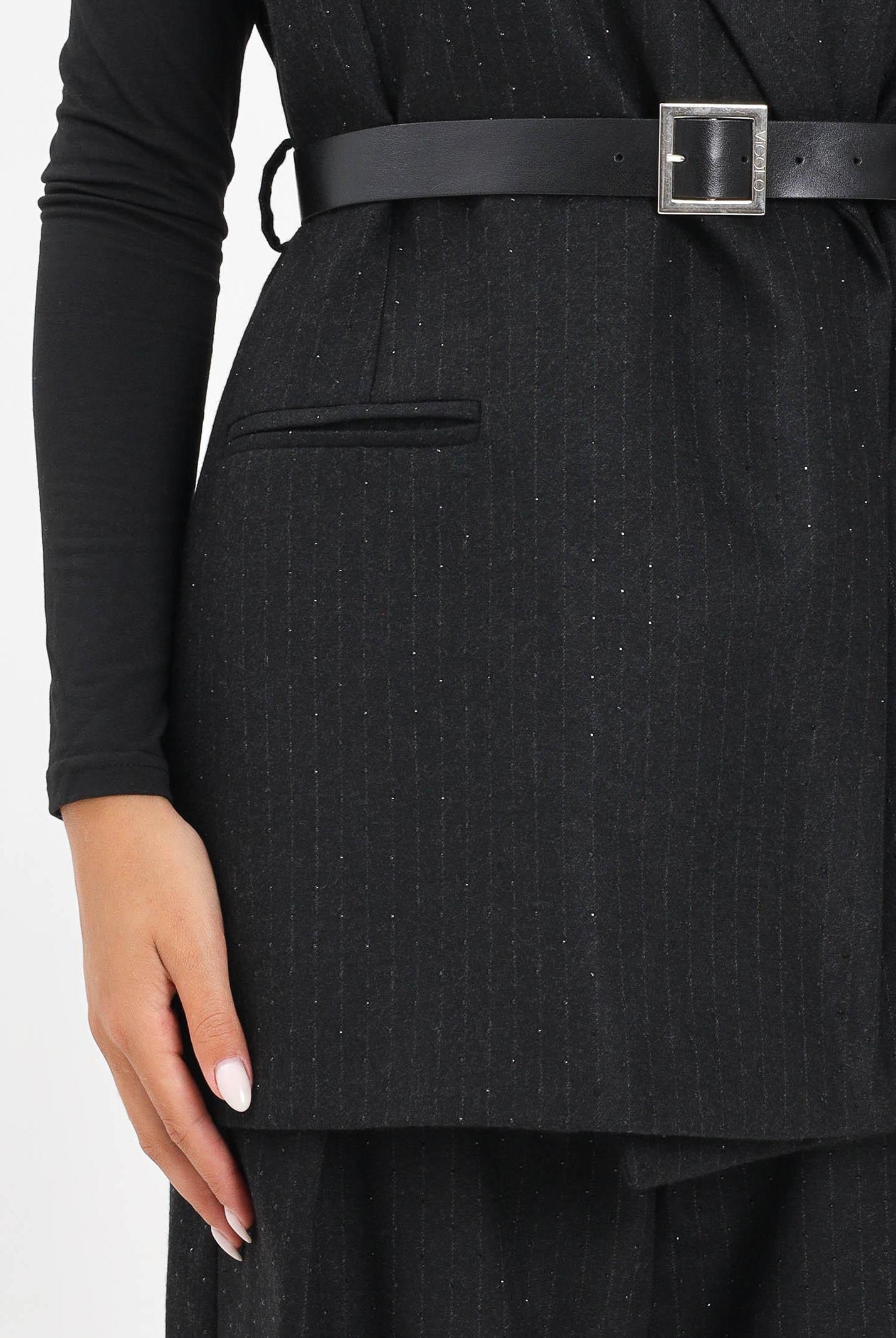 VICOLO Gilet nero da donna in tessuto gessato con leggera trama luminosa TF0130 FFNE VICOLO