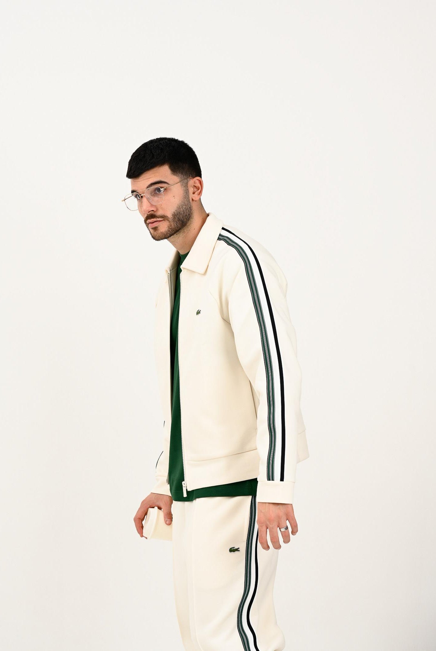 LACOSTE Felpa con zip panna da uomo caratterizzato da bande a contrasto e logo SH5927 XFJ LACOSTE