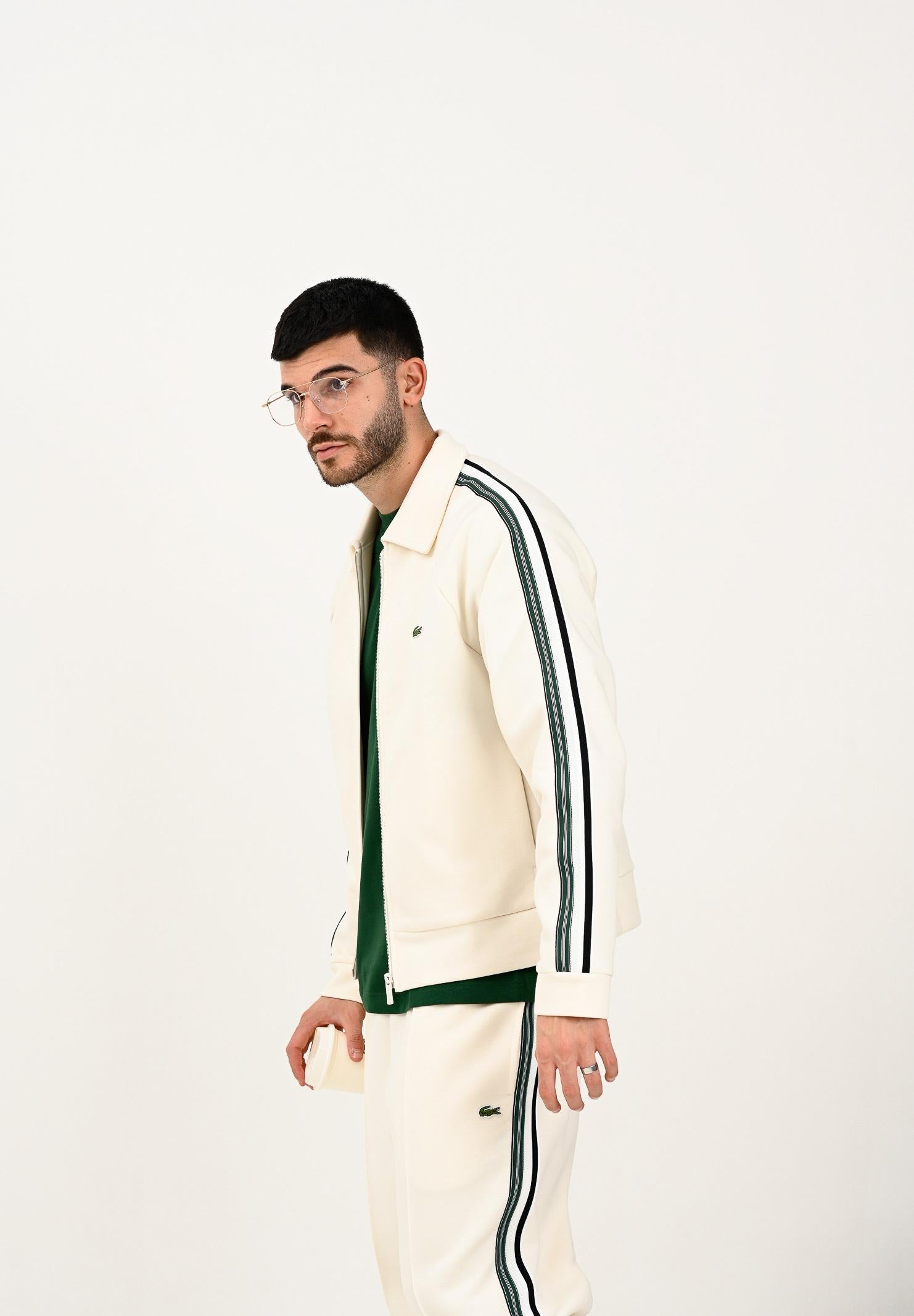 LACOSTE Felpa con zip panna da uomo caratterizzato da bande a contrasto e logo SH5927 XFJ LACOSTE