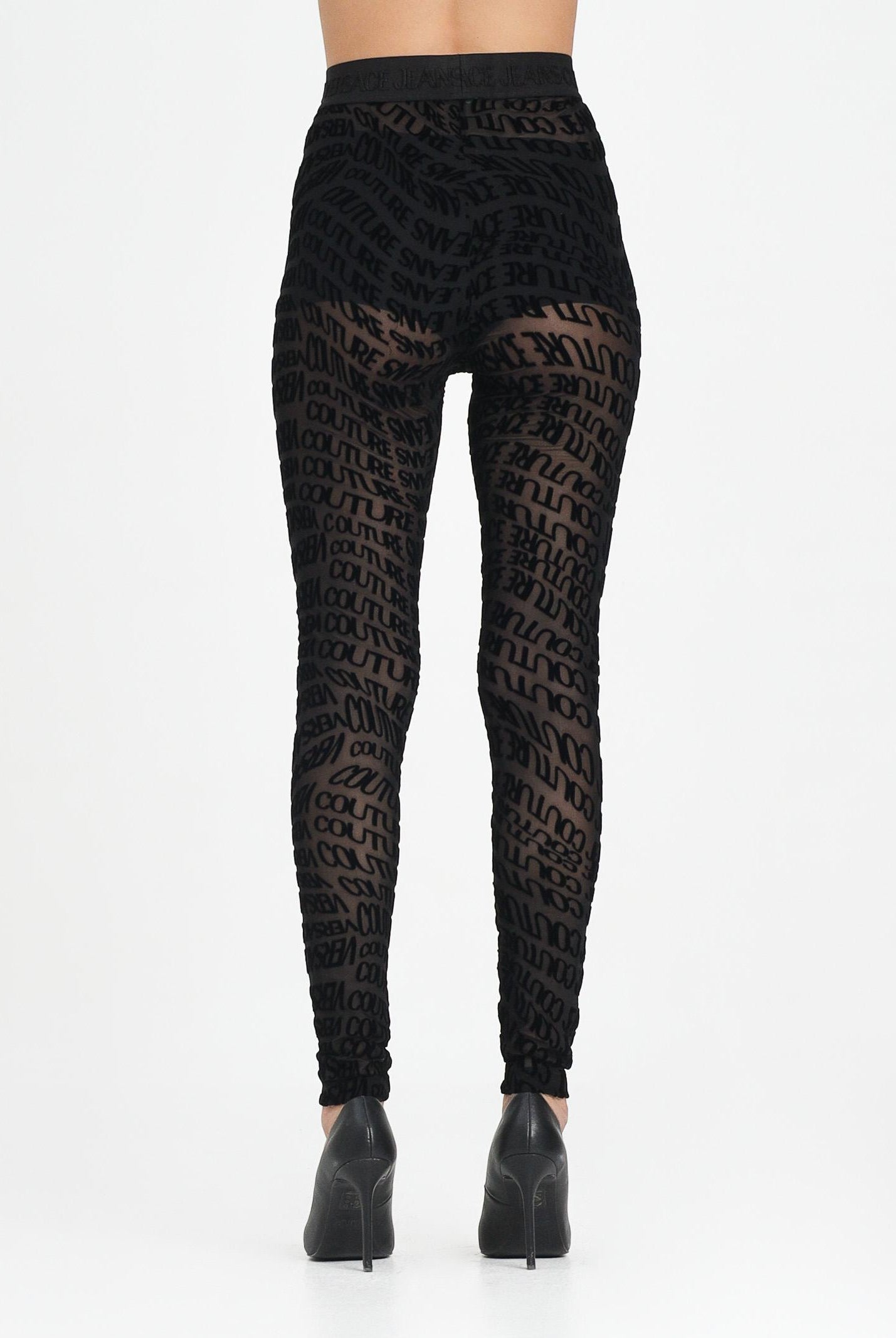 VERSACE JEANS COUTURE Leggings nero da donna con motivo Liquify Logomania vellutato 79HAC101JS490 899 VERSACE JEANS COUTURE