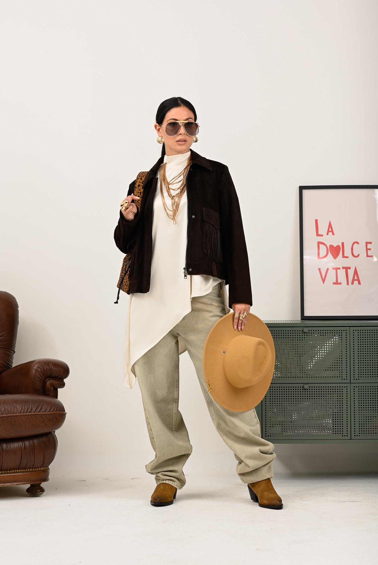 VICOLO Giubbotto in pelle scamosciata marrone da donna dal design in stile western TF0328 FU691 VICOLO