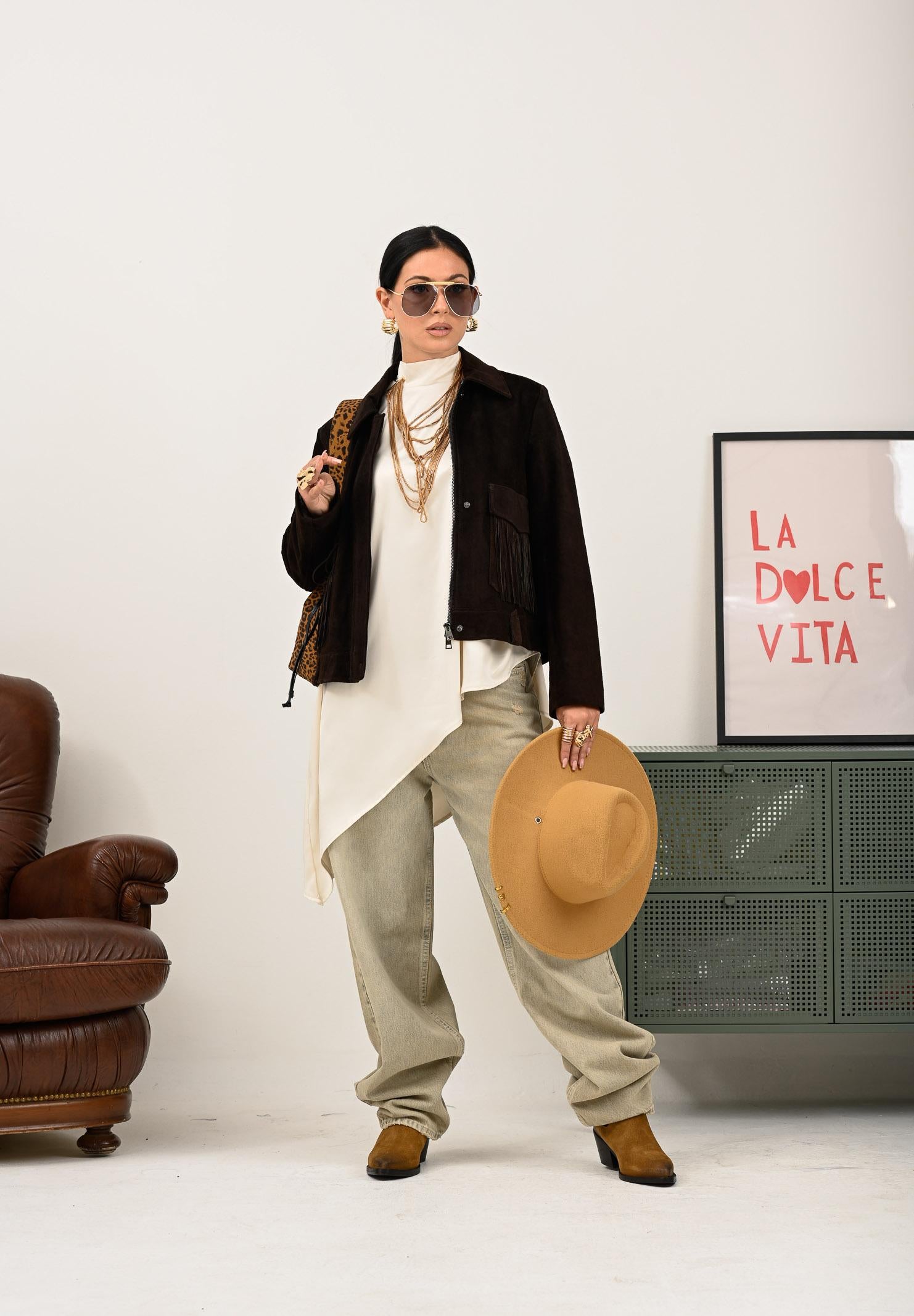 VICOLO Giubbotto in pelle scamosciata marrone da donna dal design in stile western TF0328 FU691 VICOLO