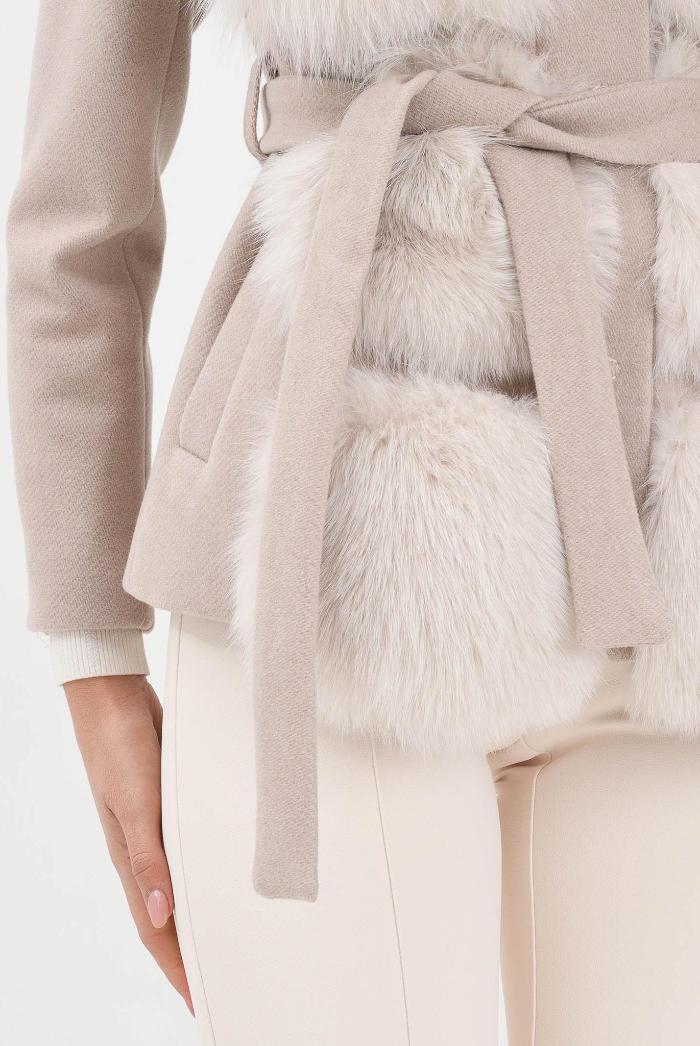 YES LONDON Cappotto corto beige da donna con vera pelliccia CD1203 BE YES LONDON